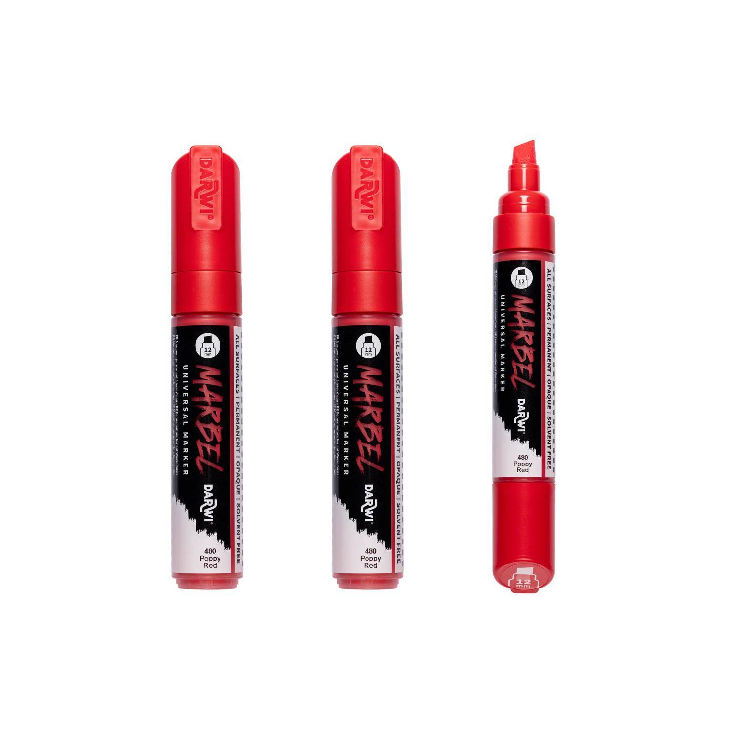 Darwi 3x Marker Acrylfarbe, breite Keilspitze 12mm Mohnrot DA0222012480C
