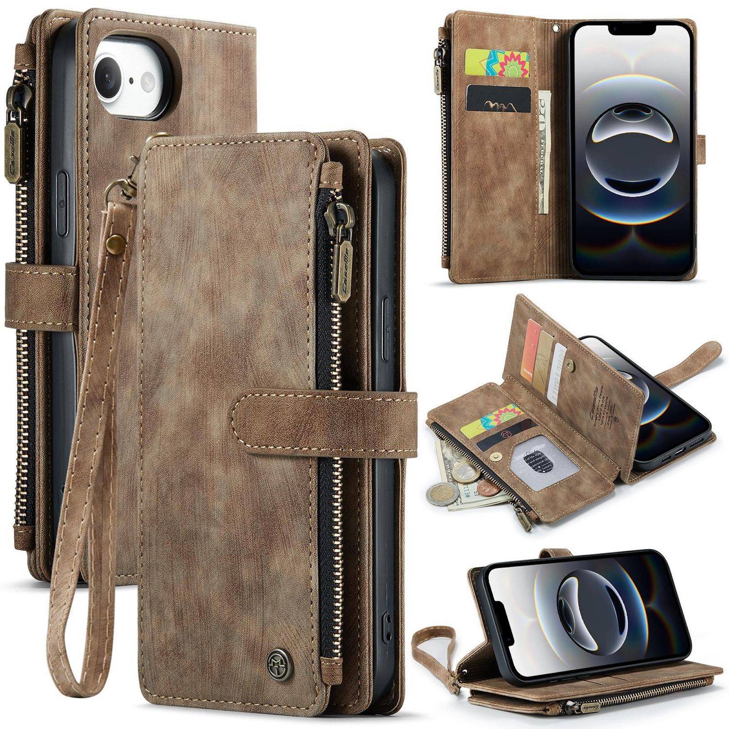 Für Apple iPhone 16e CaseMe Kunstleder Multifunktion Zipper Wallet Tasche Braun