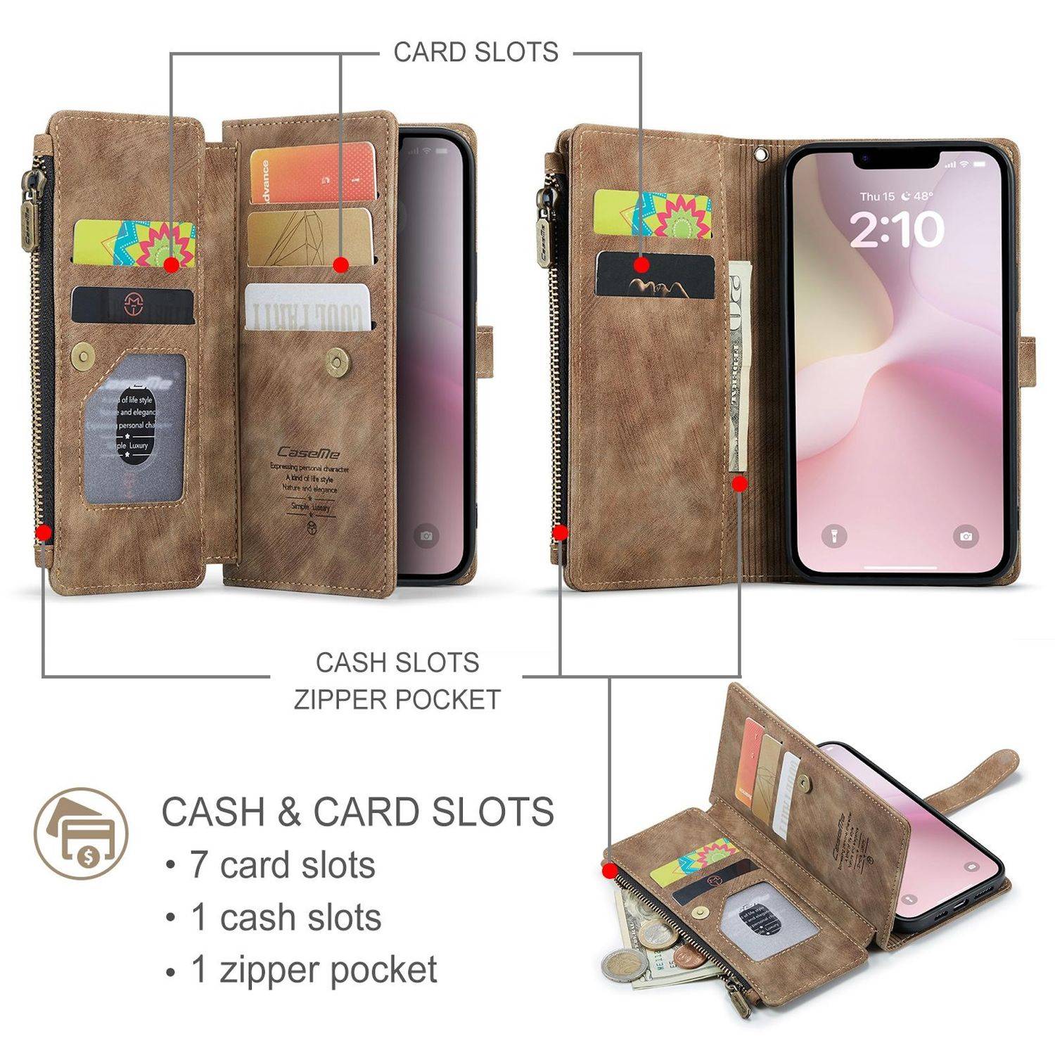 Für Apple iPhone 16e CaseMe Kunstleder Multifunktion Zipper Wallet Tasche Braun