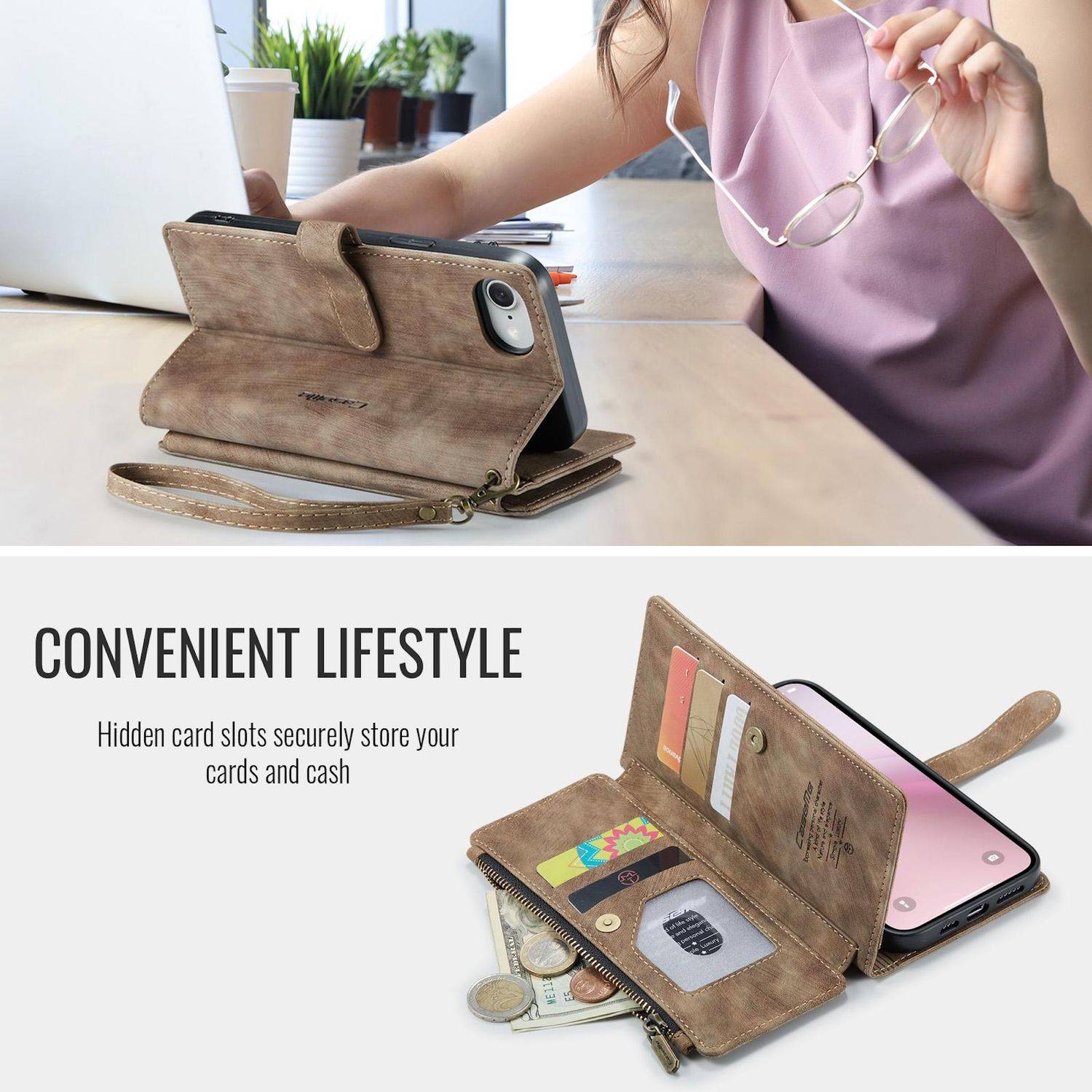 Für Apple iPhone 16e CaseMe Kunstleder Multifunktion Zipper Wallet Tasche Braun