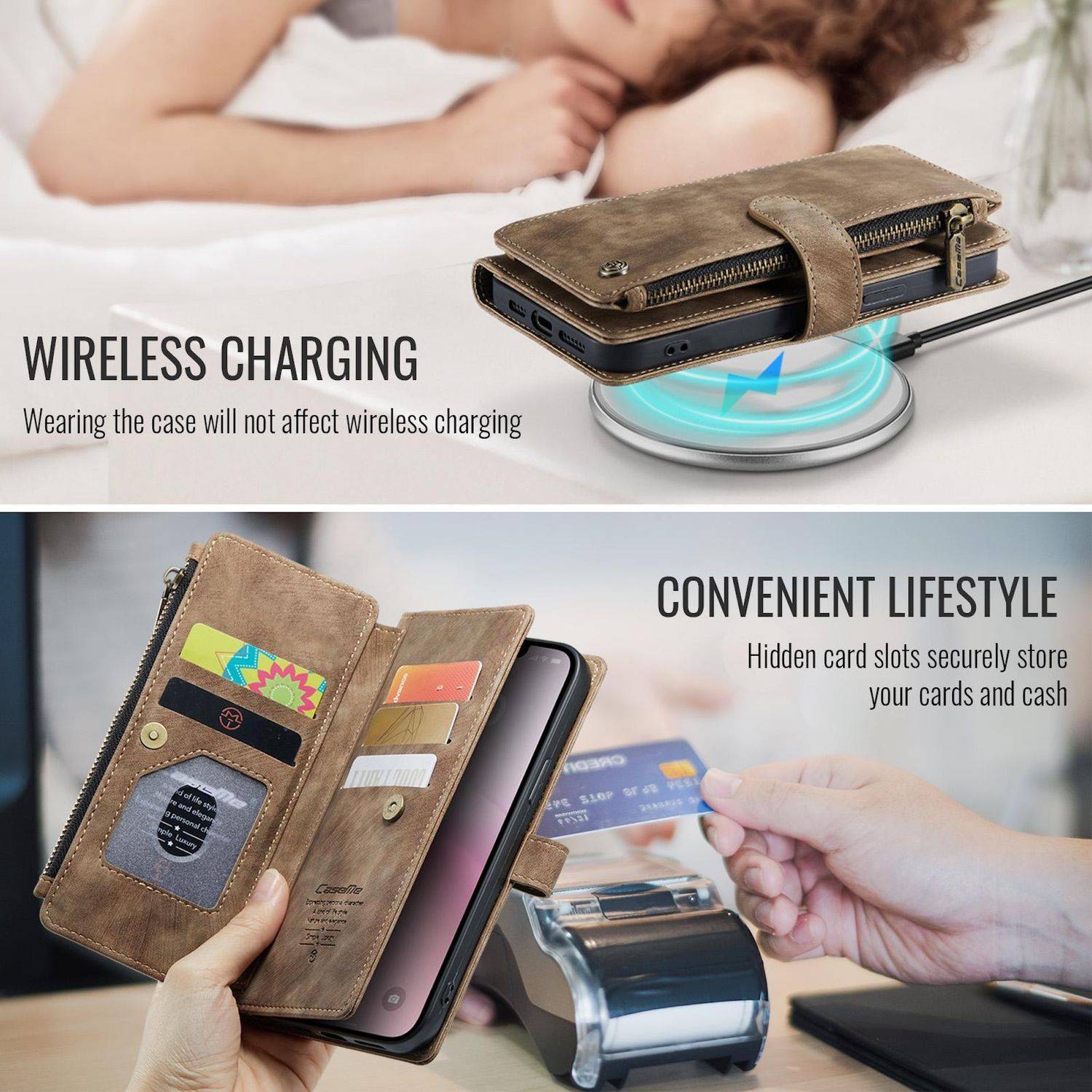 Für Apple iPhone 16e CaseMe Kunstleder Multifunktion Zipper Wallet Tasche Braun