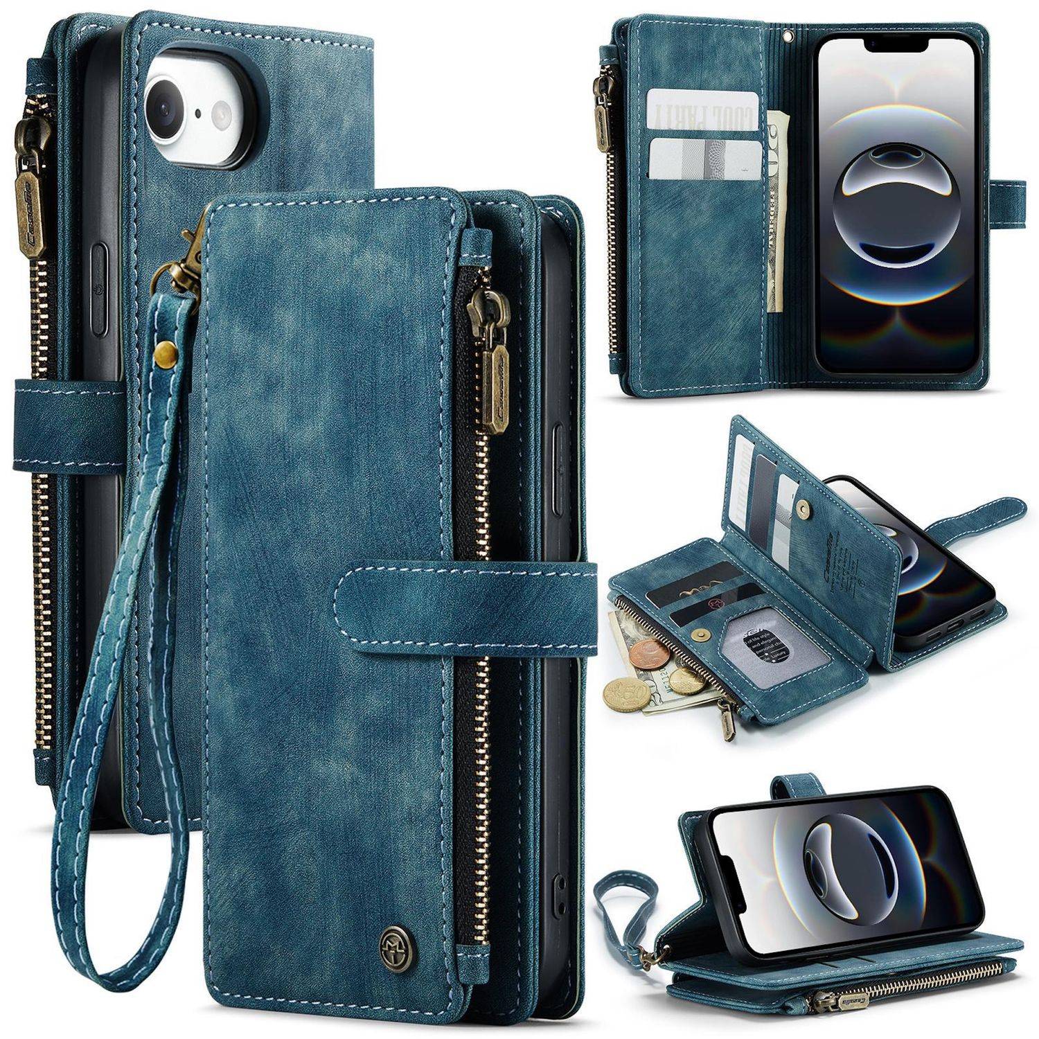 Für Apple iPhone 16e CaseMe Kunstleder Multifunktion Zipper Wallet Tasche Blau