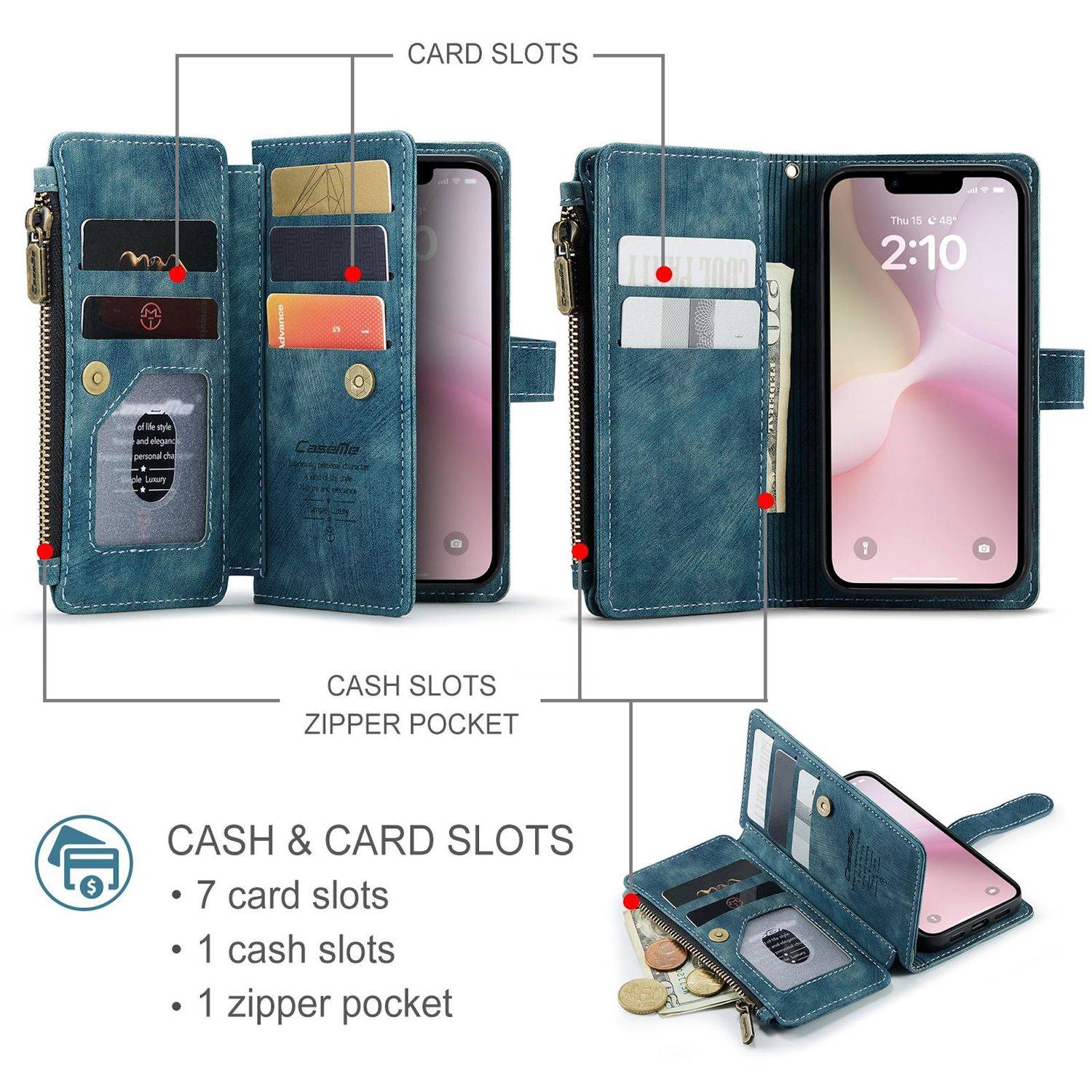 Für Apple iPhone 16e CaseMe Kunstleder Multifunktion Zipper Wallet Tasche Blau
