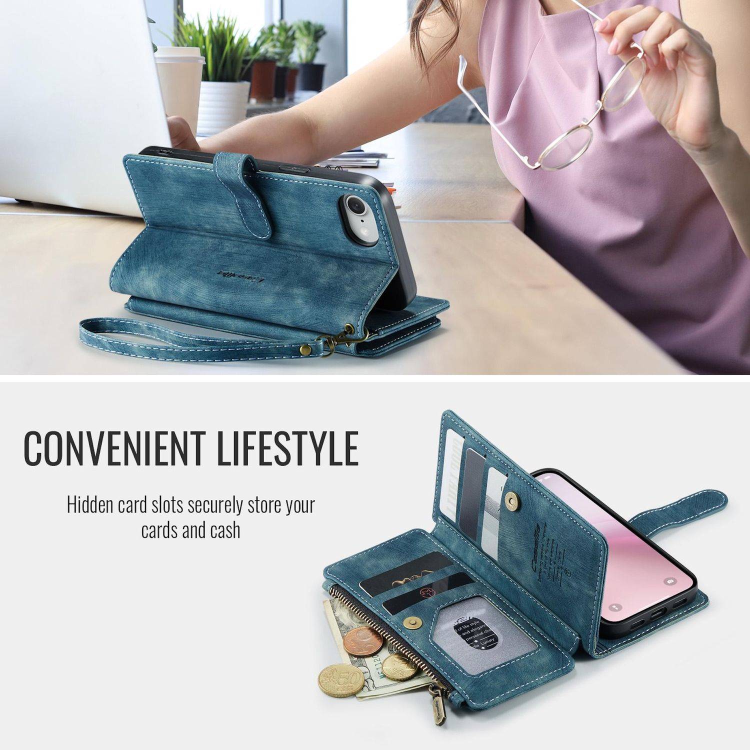 Für Apple iPhone 16e CaseMe Kunstleder Multifunktion Zipper Wallet Tasche Blau