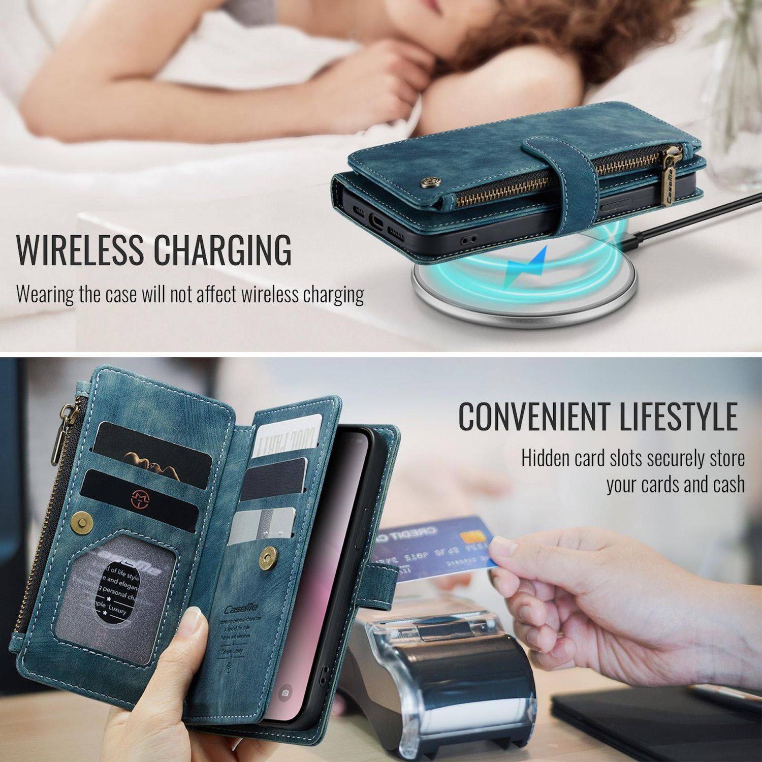 Für Apple iPhone 16e CaseMe Kunstleder Multifunktion Zipper Wallet Tasche Blau