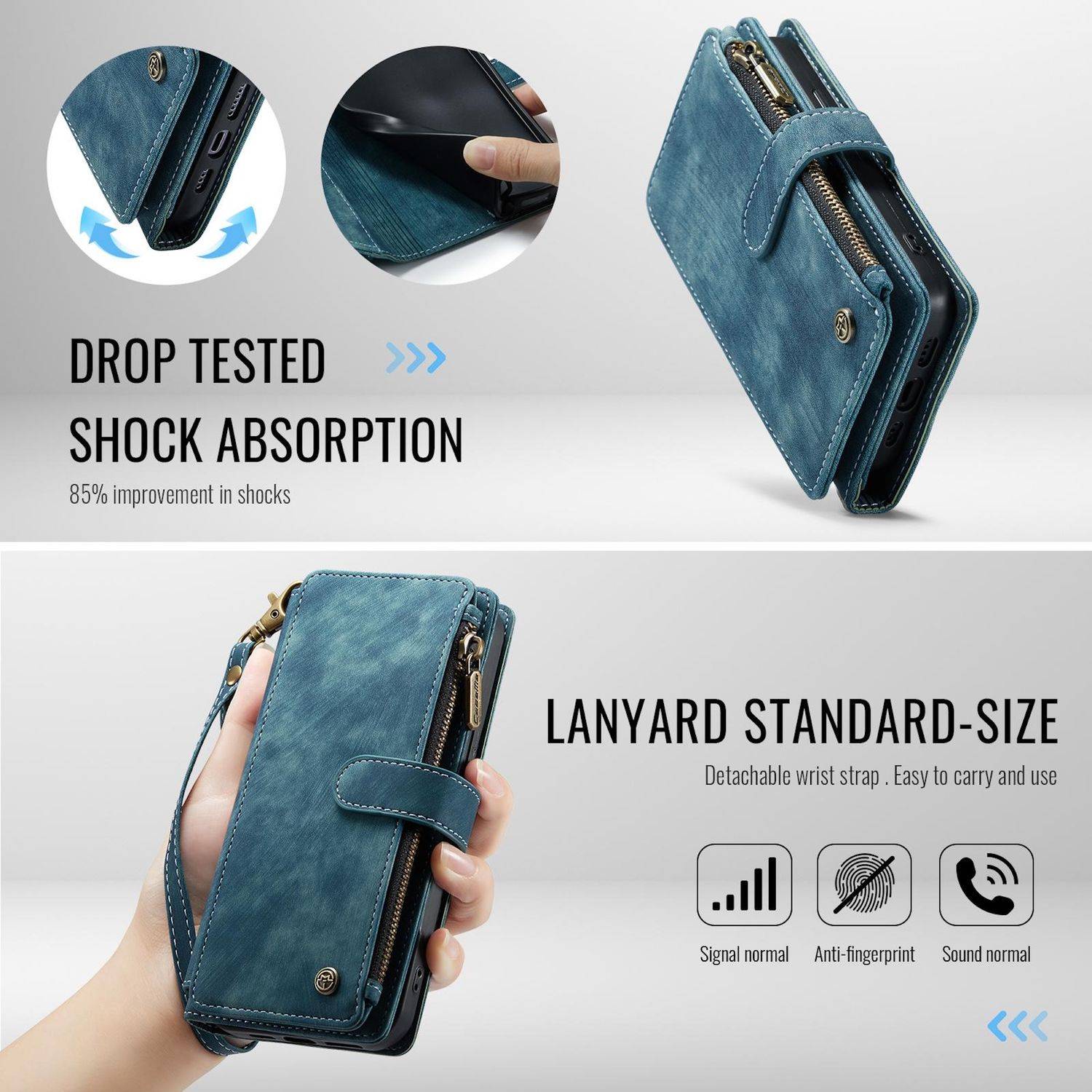 Für Apple iPhone 16e CaseMe Kunstleder Multifunktion Zipper Wallet Tasche Blau