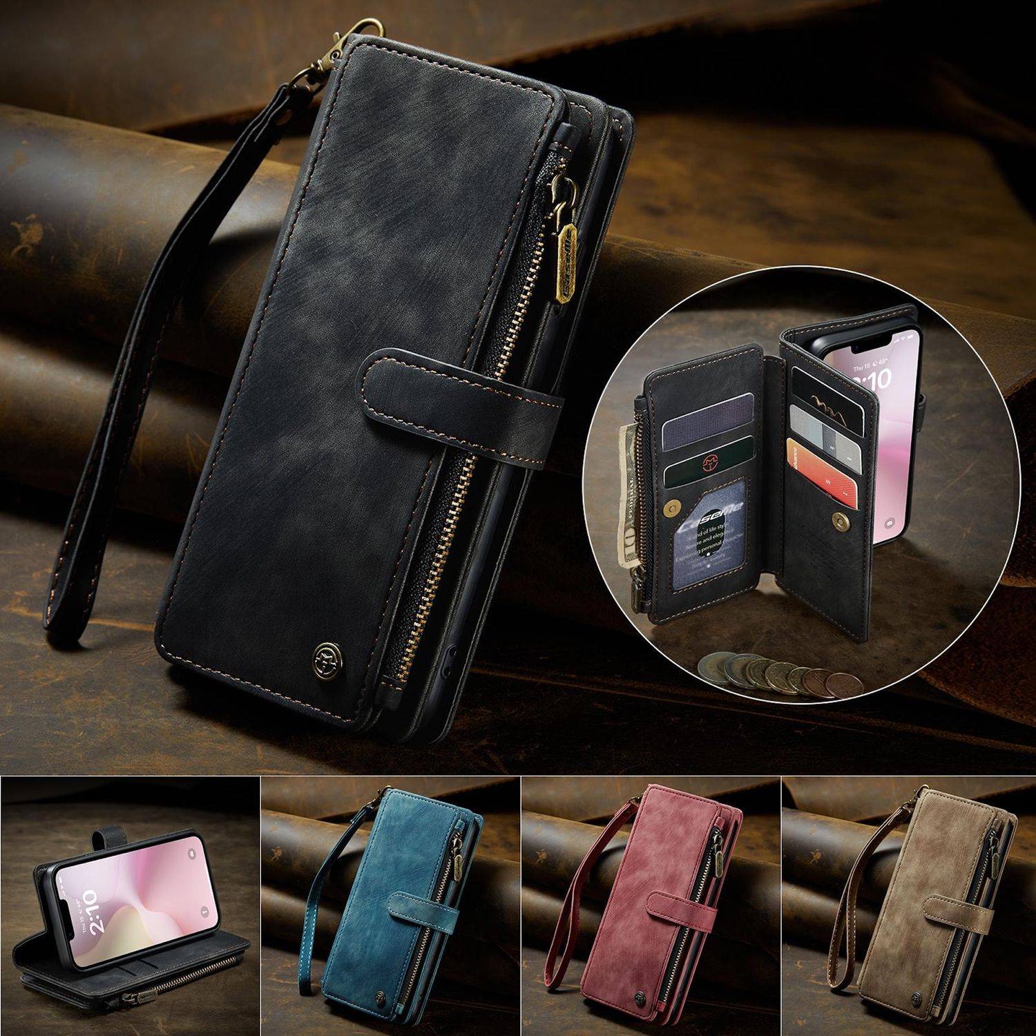 Für Apple iPhone 16e CaseMe Kunstleder Multifunktion Zipper Wallet Tasche Schwarz