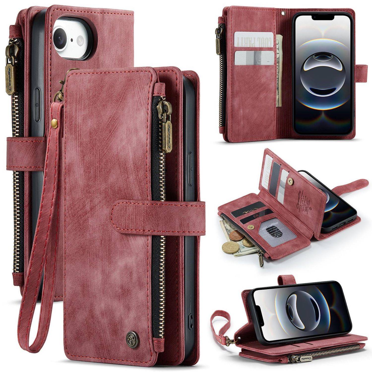 Für Apple iPhone 16e CaseMe Kunstleder Multifunktion Zipper Wallet Tasche Rot