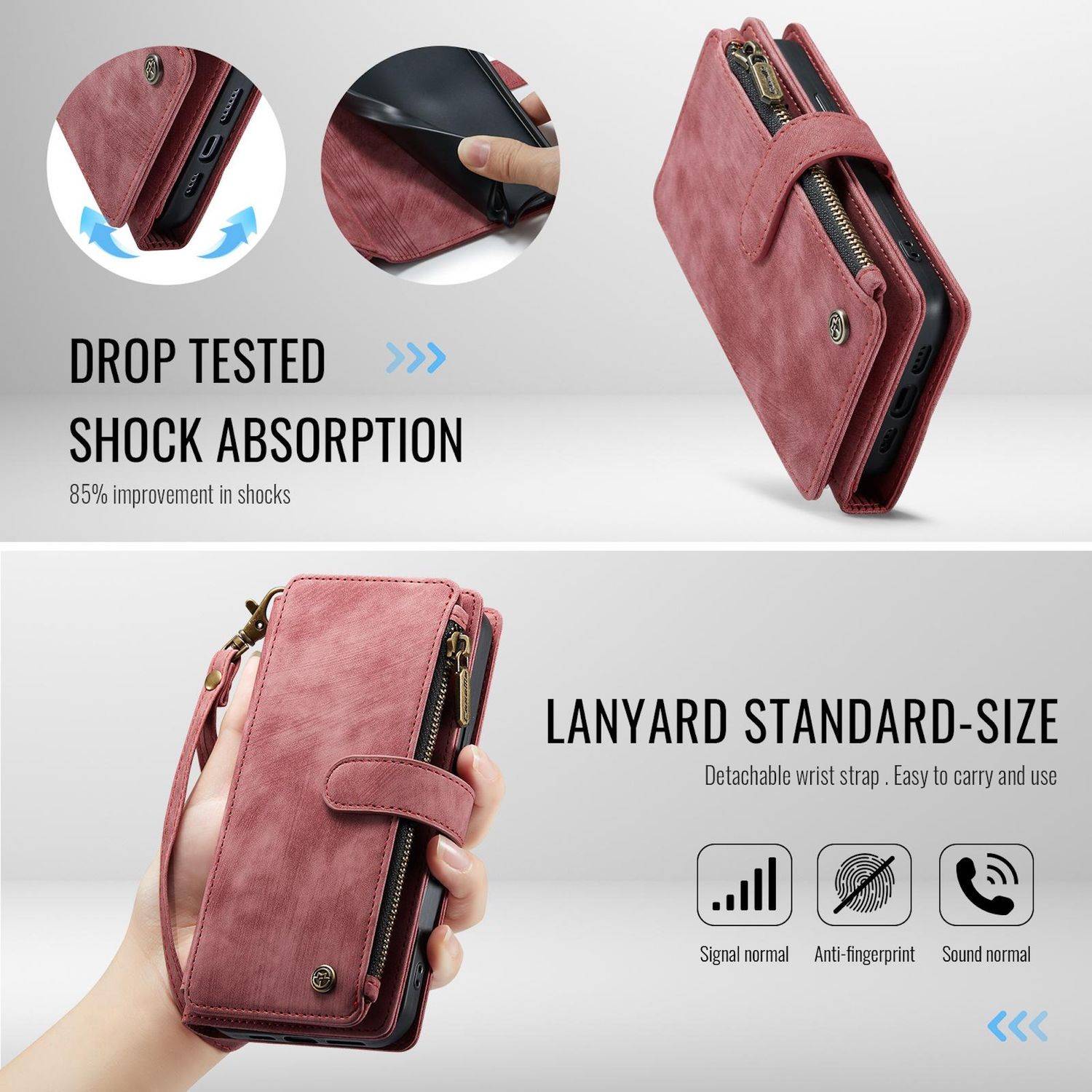 Für Apple iPhone 16e CaseMe Kunstleder Multifunktion Zipper Wallet Tasche Rot