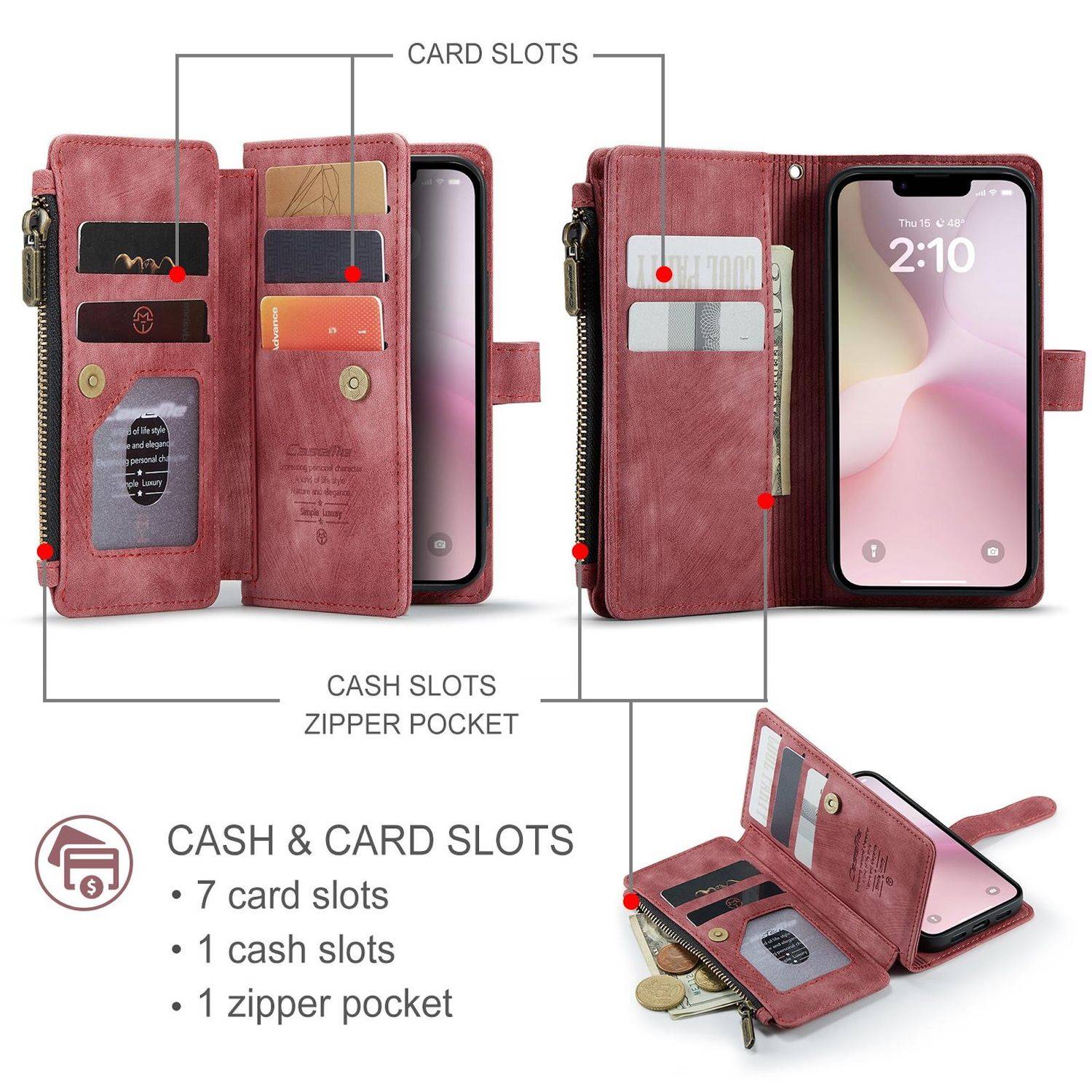 Für Apple iPhone 16e CaseMe Kunstleder Multifunktion Zipper Wallet Tasche Rot