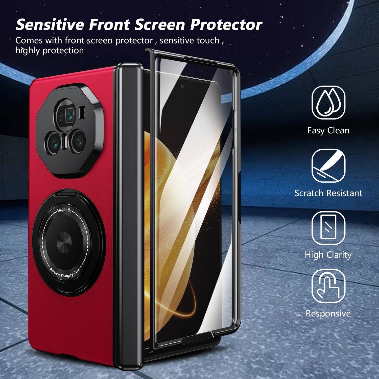 Für Honor Magic V3 Faltbare Schutz Hülle mit 360 Grad Metall Magnet Ring Rot