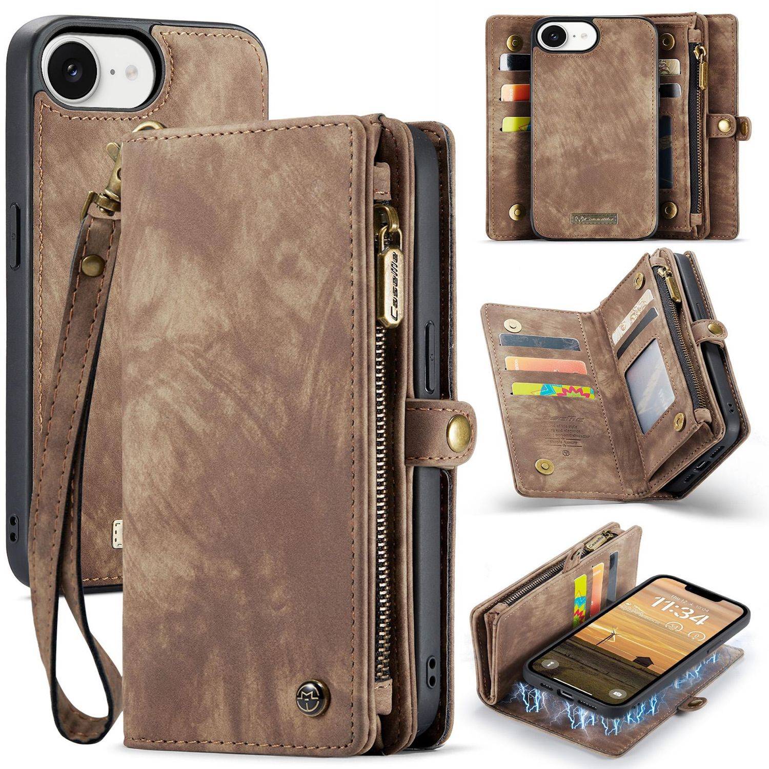 Für Apple iPhone 16e CaseMe 008 Kunstleder Multifunktion Zipper Wallet Tasche Braun
