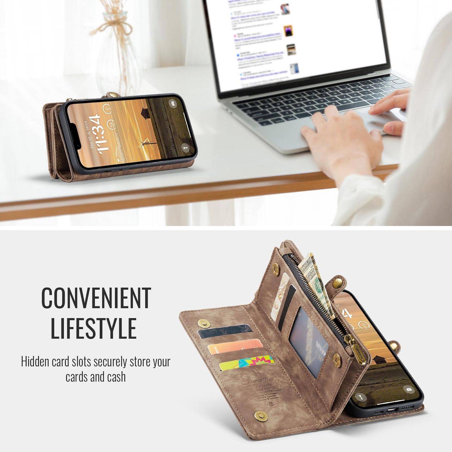 Für Apple iPhone 16e CaseMe 008 Kunstleder Multifunktion Zipper Wallet Tasche Braun