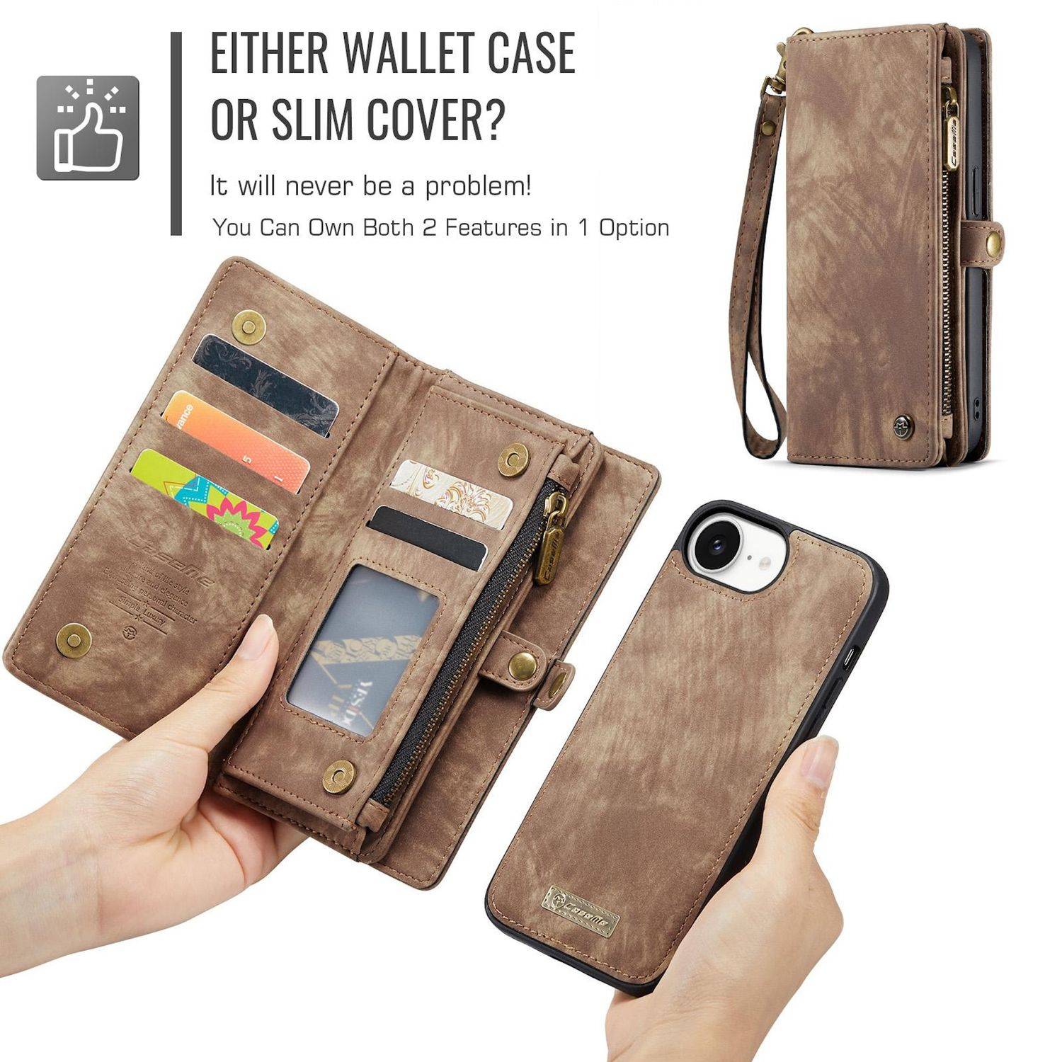 Für Apple iPhone 16e CaseMe 008 Kunstleder Multifunktion Zipper Wallet Tasche Braun