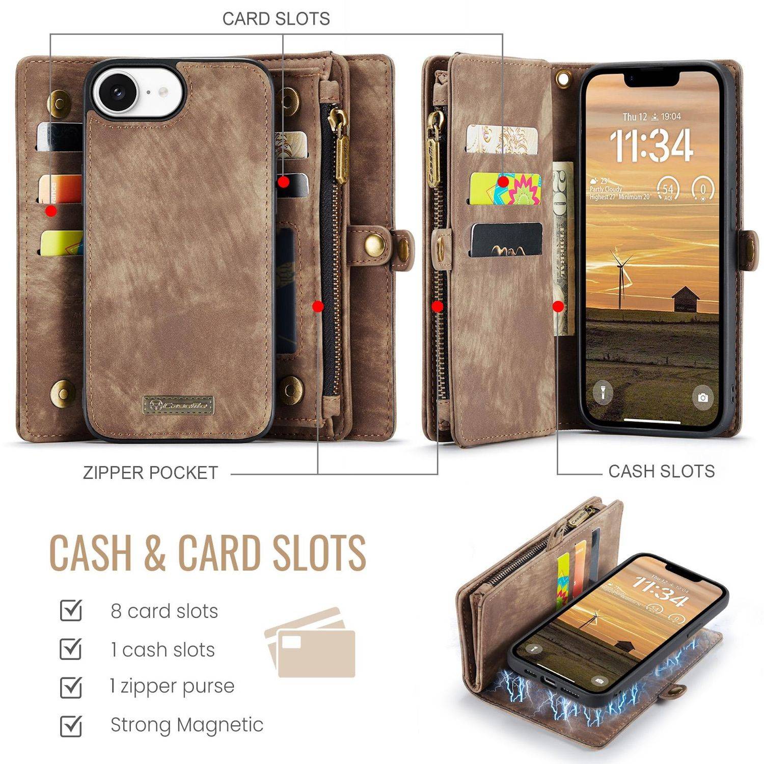Für Apple iPhone 16e CaseMe 008 Kunstleder Multifunktion Zipper Wallet Tasche Braun