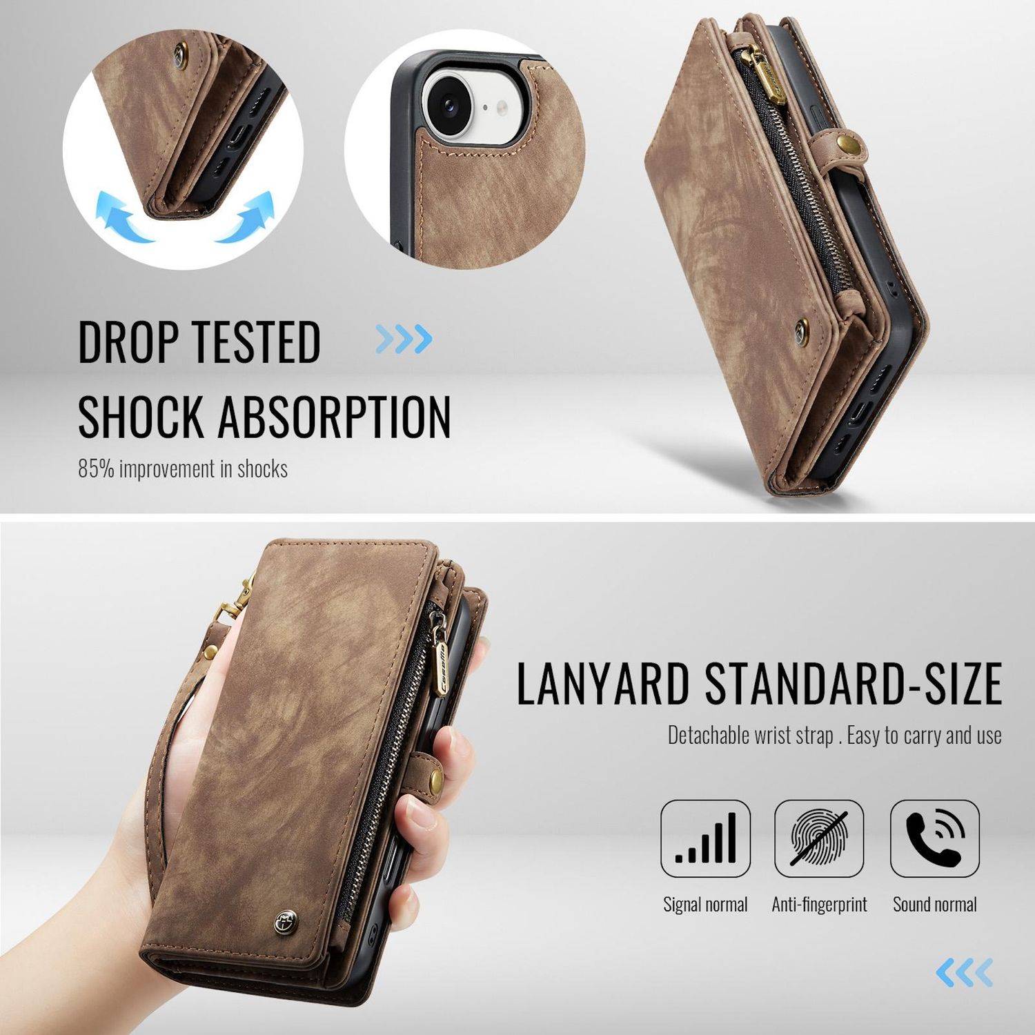 Für Apple iPhone 16e CaseMe 008 Kunstleder Multifunktion Zipper Wallet Tasche Braun