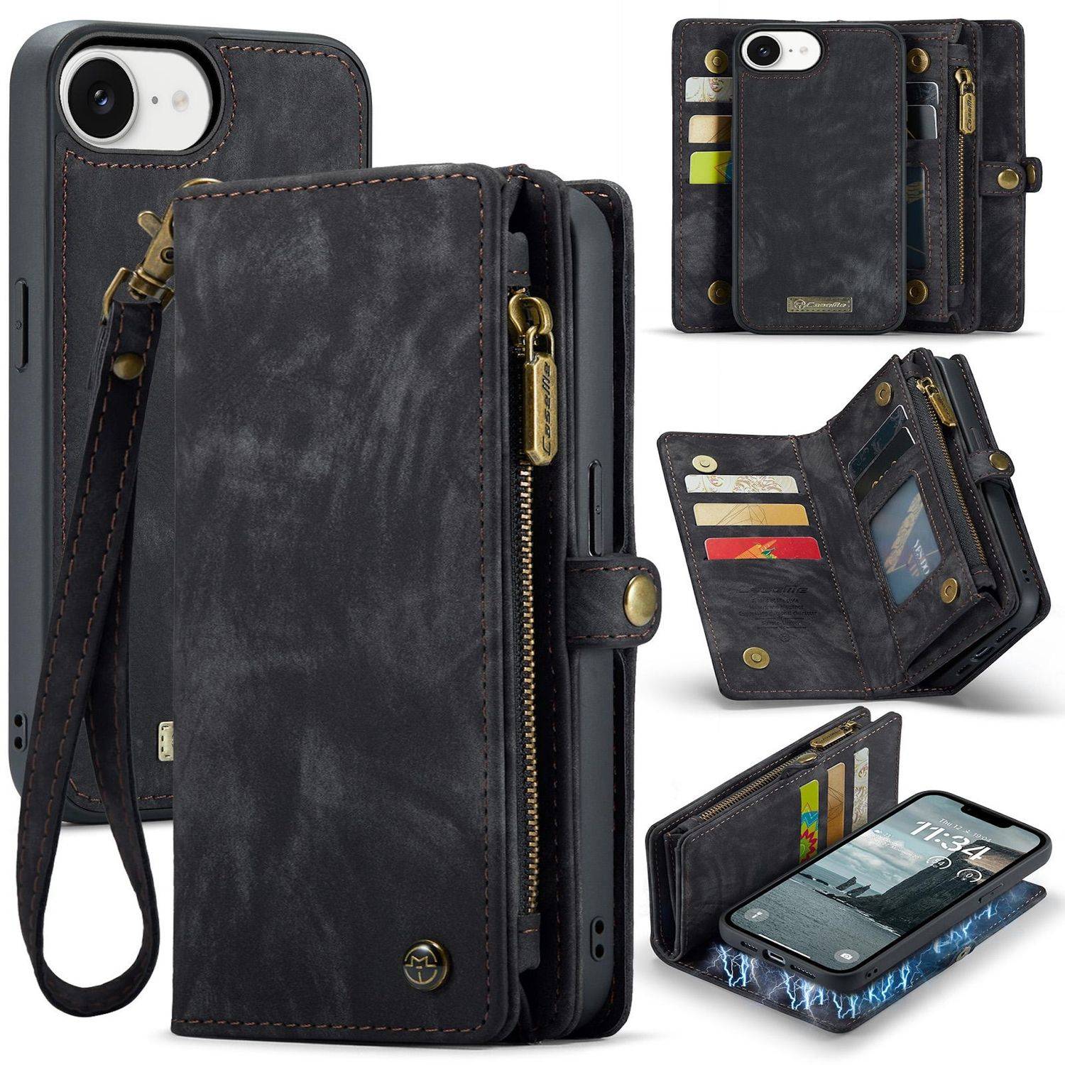 Für Apple iPhone 16e CaseMe 008 Kunstleder Multifunktion Zipper Wallet Tasche Schwarz