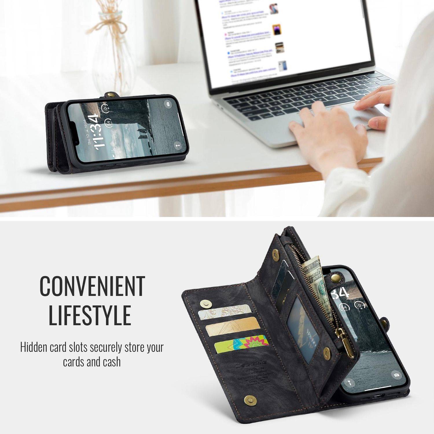 Für Apple iPhone 16e CaseMe 008 Kunstleder Multifunktion Zipper Wallet Tasche Schwarz