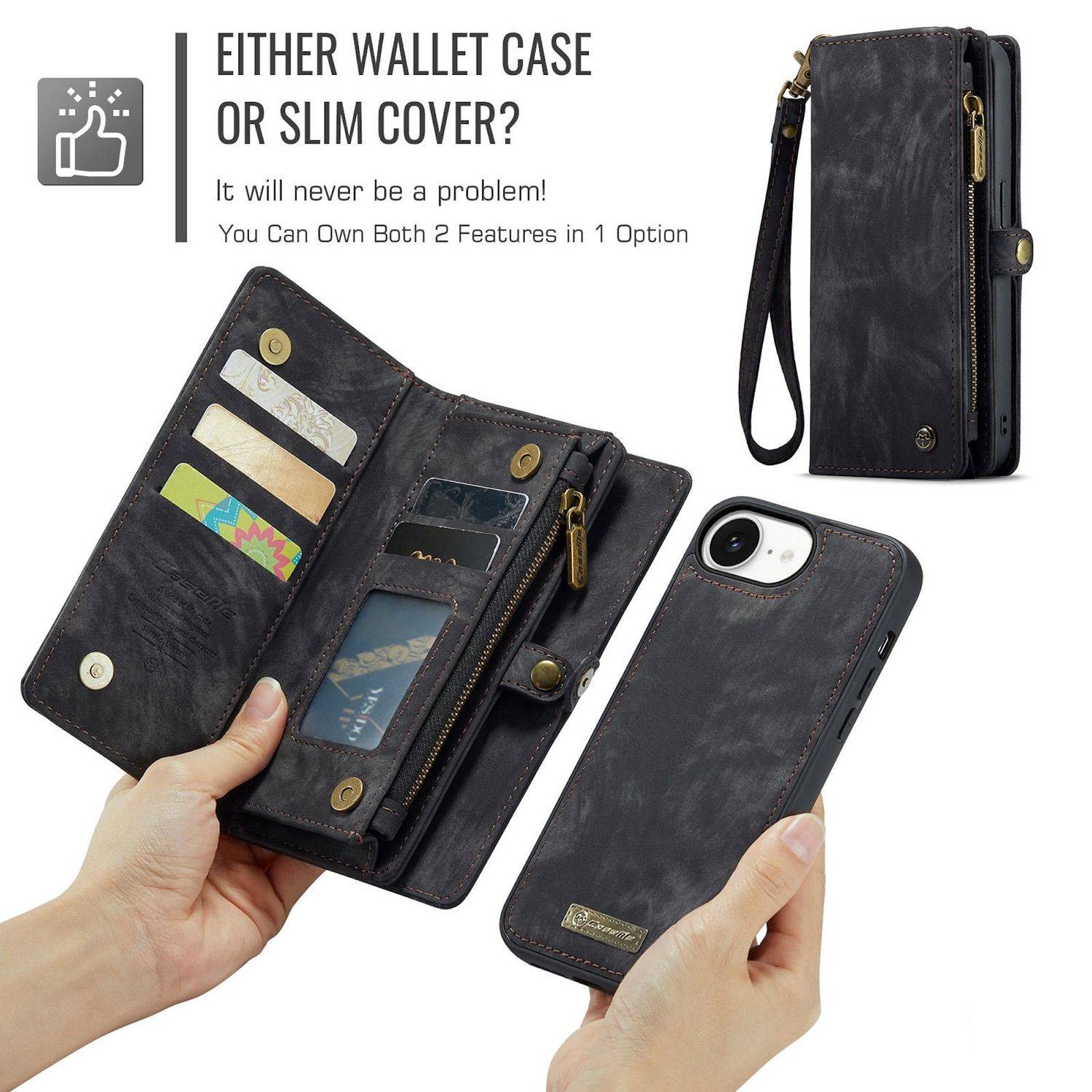 Für Apple iPhone 16e CaseMe 008 Kunstleder Multifunktion Zipper Wallet Tasche Schwarz