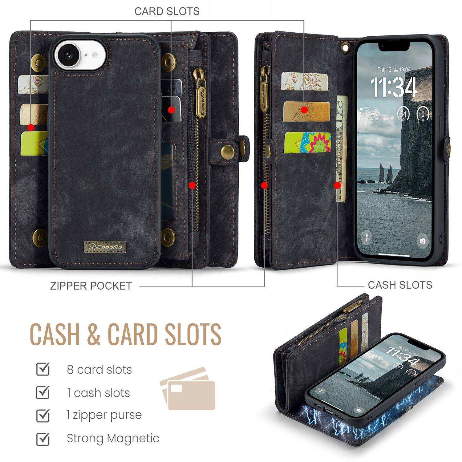 Für Apple iPhone 16e CaseMe 008 Kunstleder Multifunktion Zipper Wallet Tasche Schwarz
