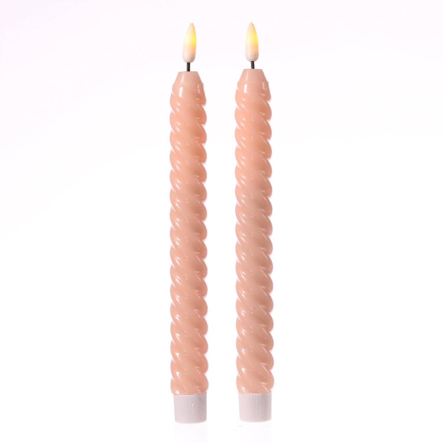 LED Stabkerzen Twist Tafelkerzen gedreht Echtwachs flackernd 25cm Timer rosa 2St