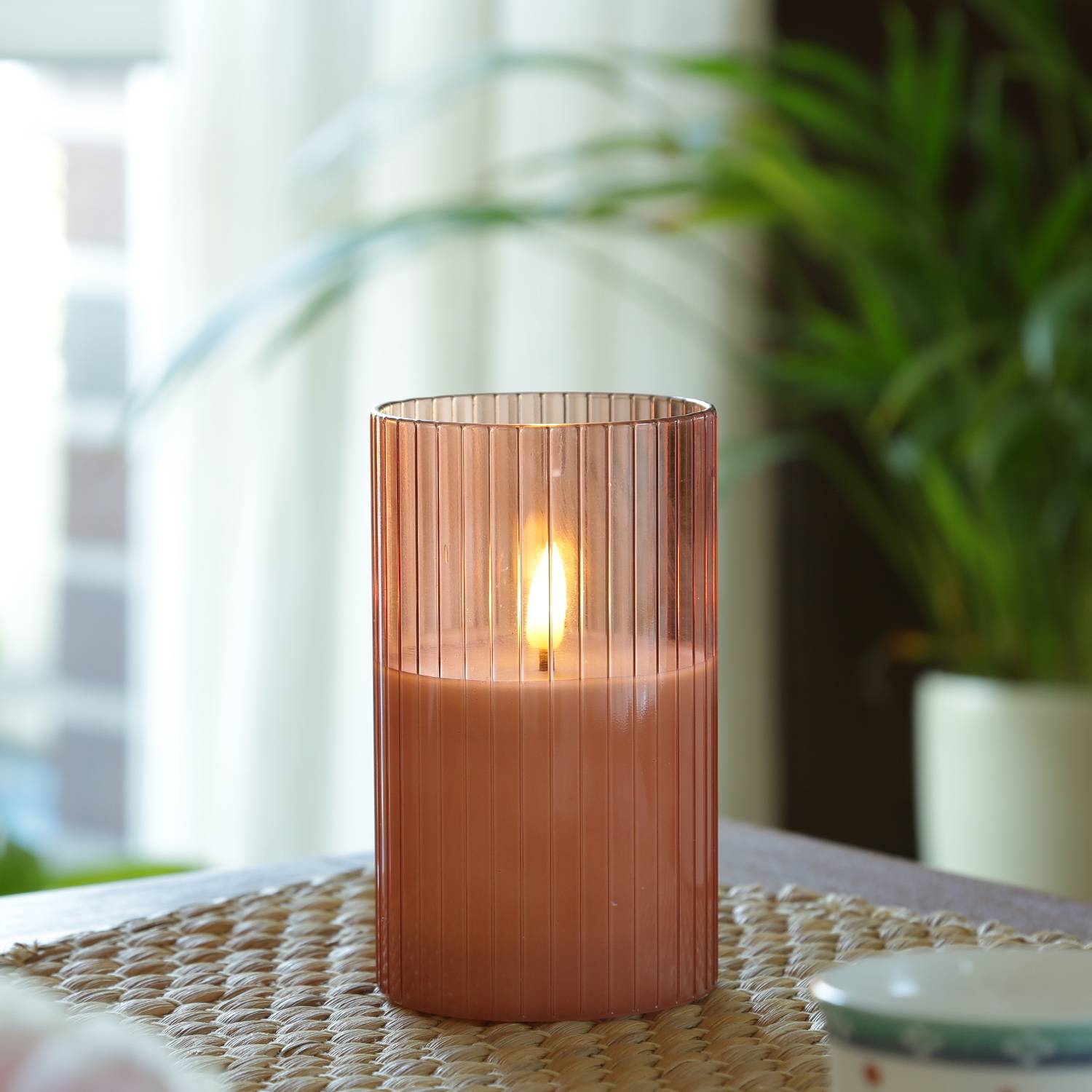LED Kerze im Glas Windlicht Echtwachs flackernd Timer H: 12,5cm D: 7,5cm rosa