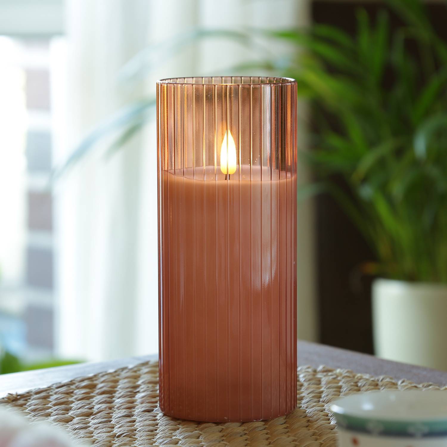 LED Kerze im Glas Windlicht Echtwachs flackernd Timer H: 17,5cm D: 7,5cm rosa