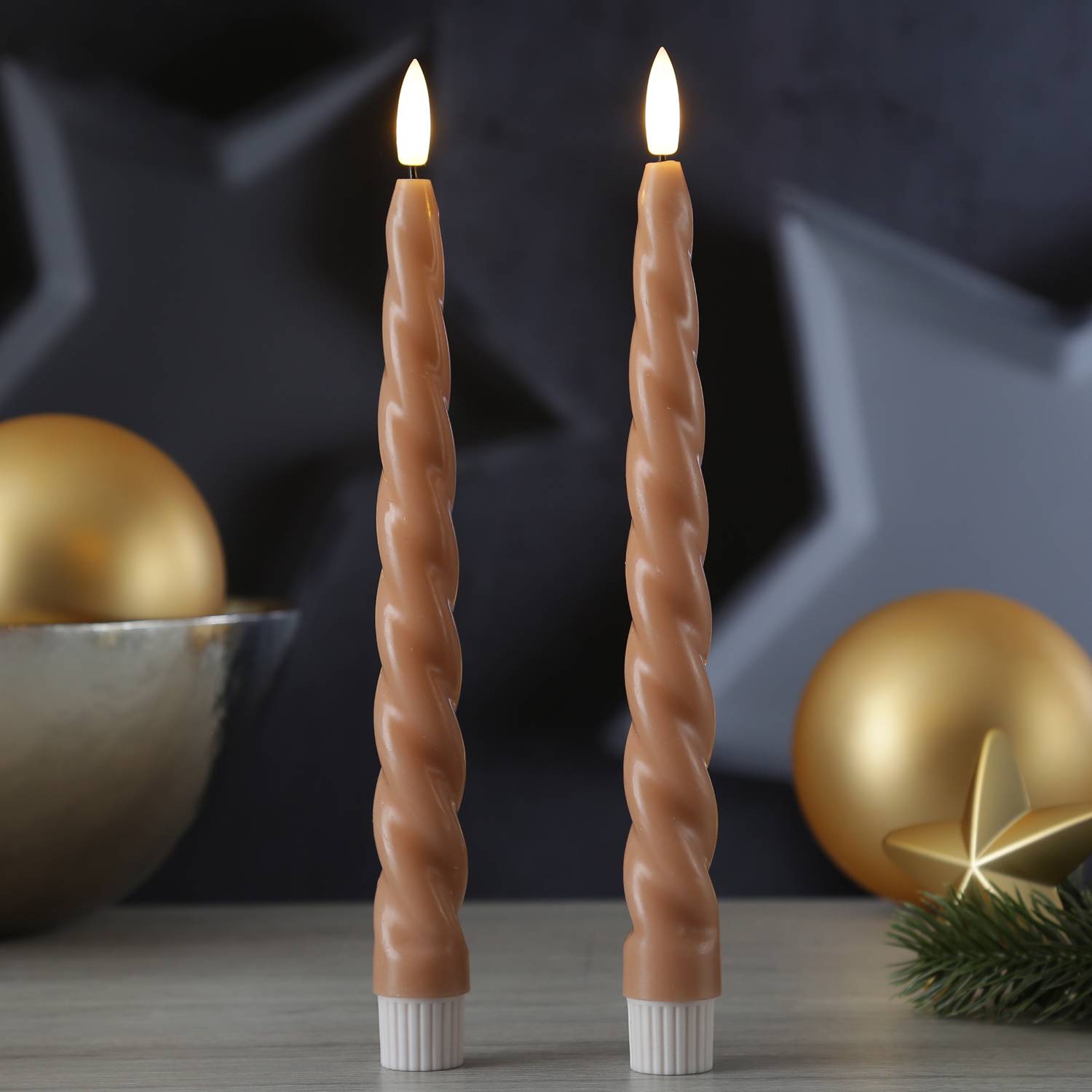 LED Stabkerzen Twist Tafelkerzen gedreht Echtwachs Dinnerkerzen 25cm rosa 2St