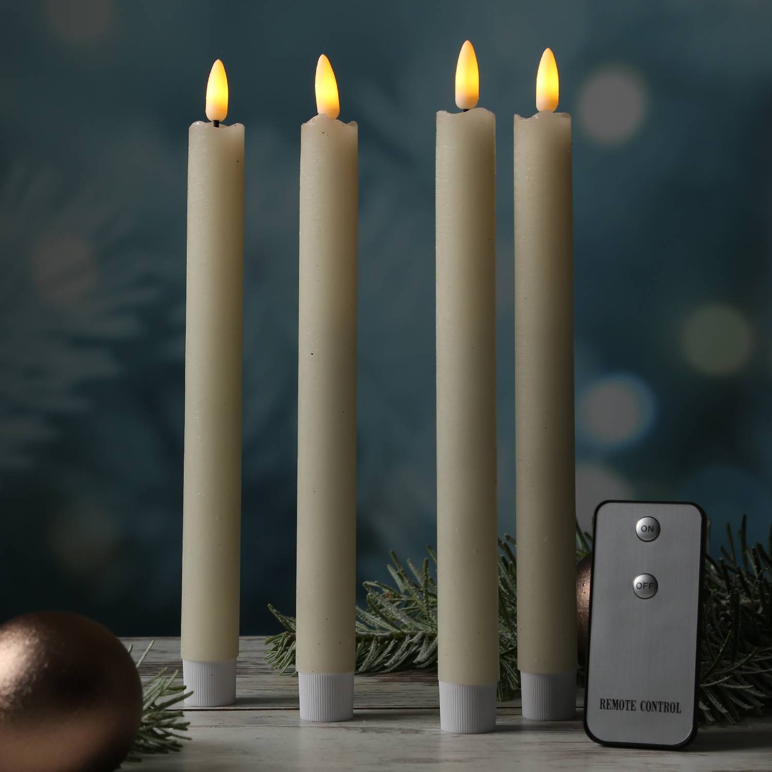 LED Stabkerzen Tafelkerzen Dinnerkerzen Rustik-Optik Fernbedienung creme 4St