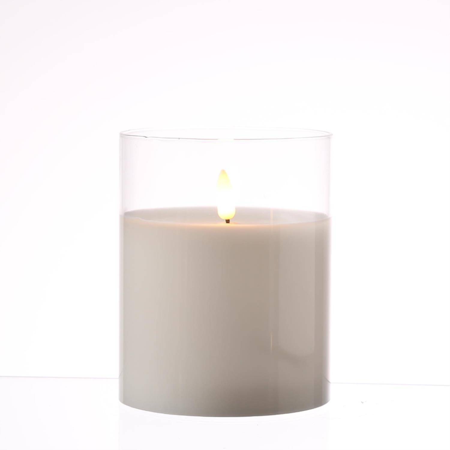 LED Kerze im Glas Windlicht Echtwachs flackernd Timer H: 12,5cm D: 10cm weiß