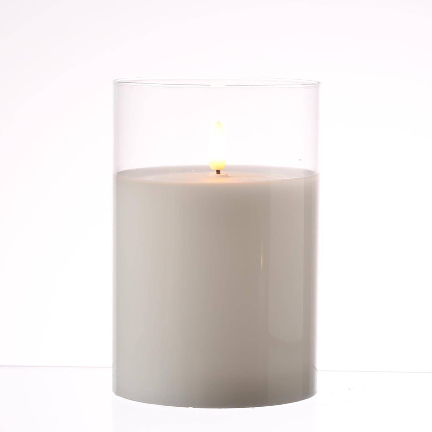 LED Kerze im Glas Windlicht Echtwachs flackernd Timer H: 15cm D: 10cm weiß