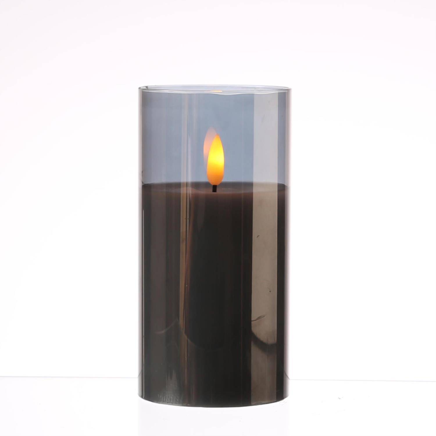 LED Kerze Windlicht Glas Echtwachs flackernd Timer H: 15cm rund grau anthrazit