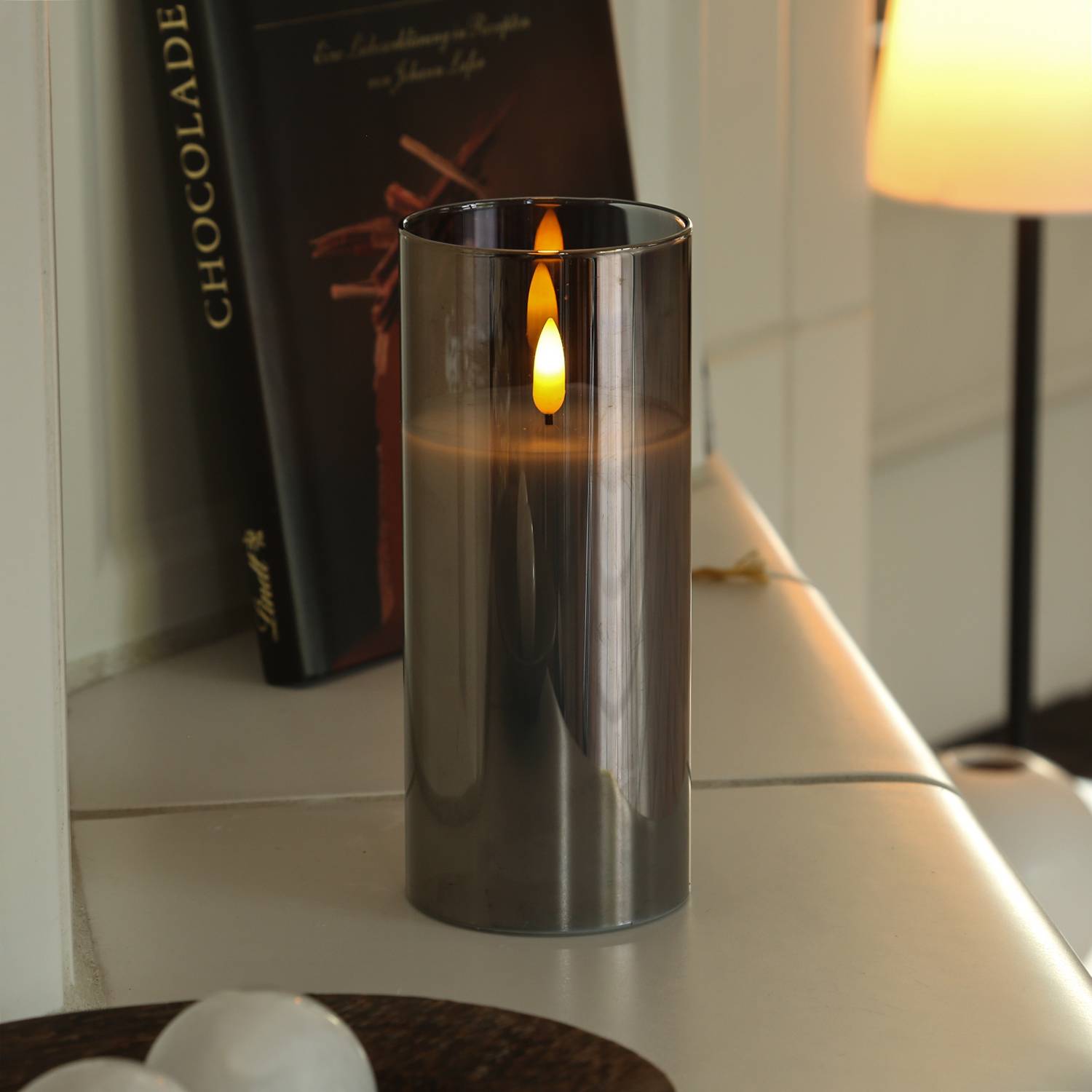 LED Kerze Windlicht Glas Echtwachs flackernd Timer H: 17,5cm rund grau anthrazit
