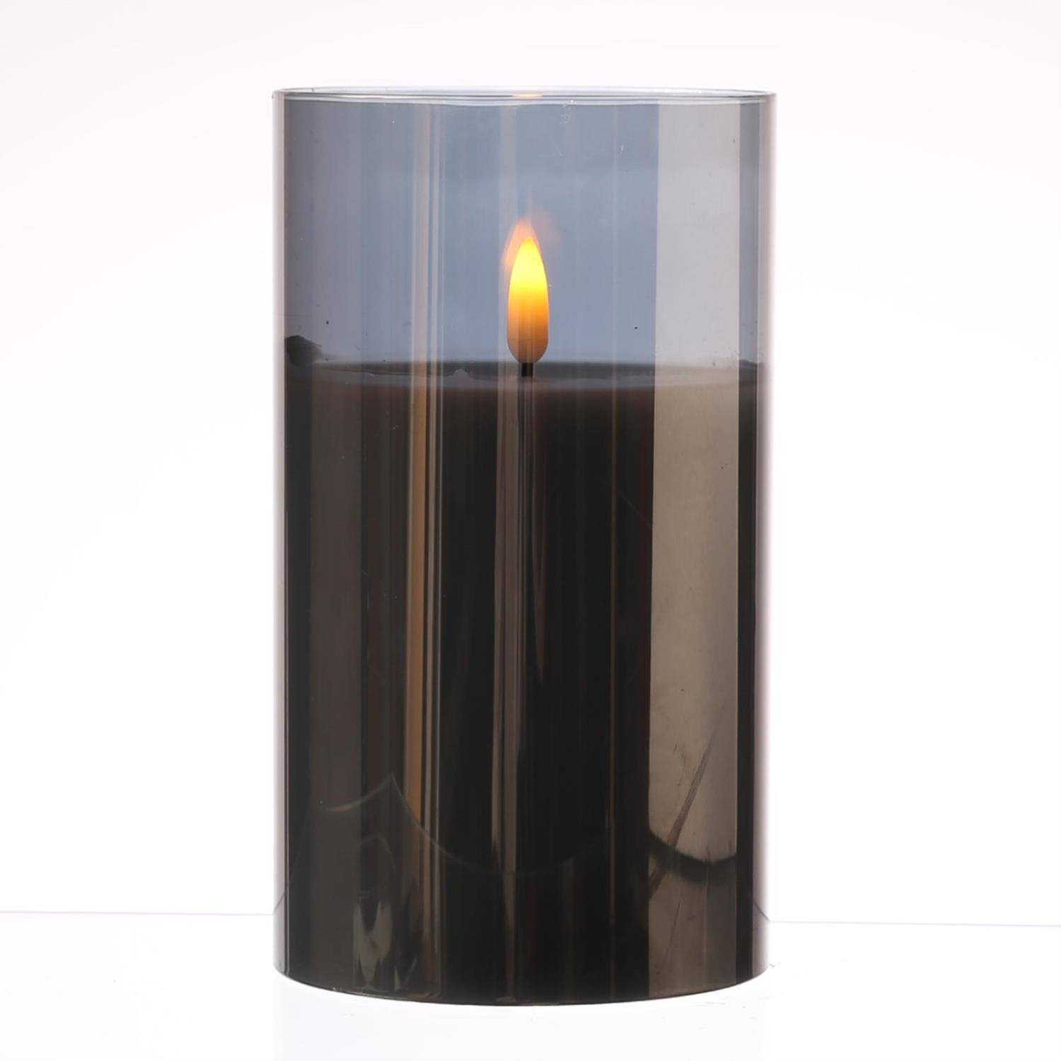 LED Kerze im Glas Windlicht Echtwachs flackernd Timer H: 17,5cm D: 10cm grau