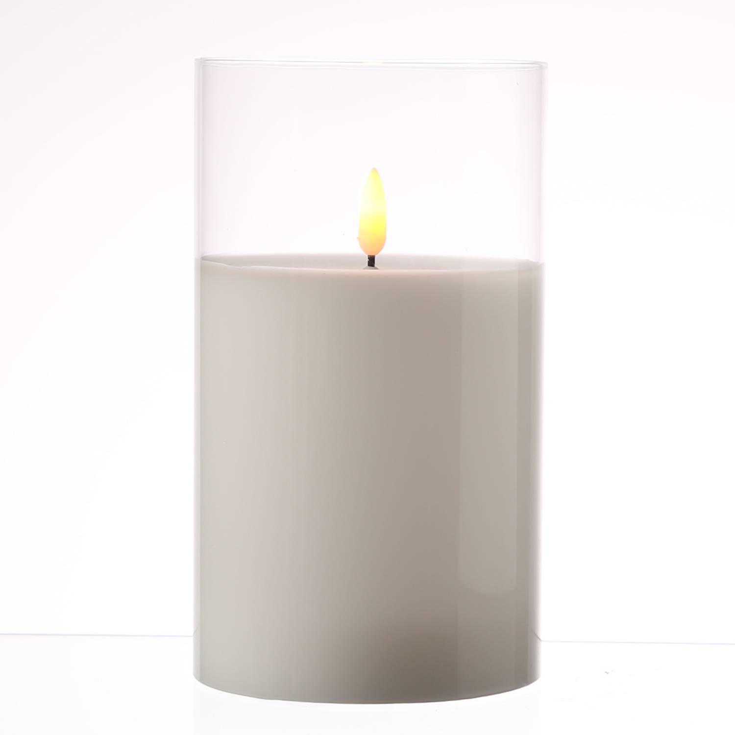 LED Kerze im Glas Windlicht Echtwachs flackernd Timer H: 17,5cm D: 10cm weiß