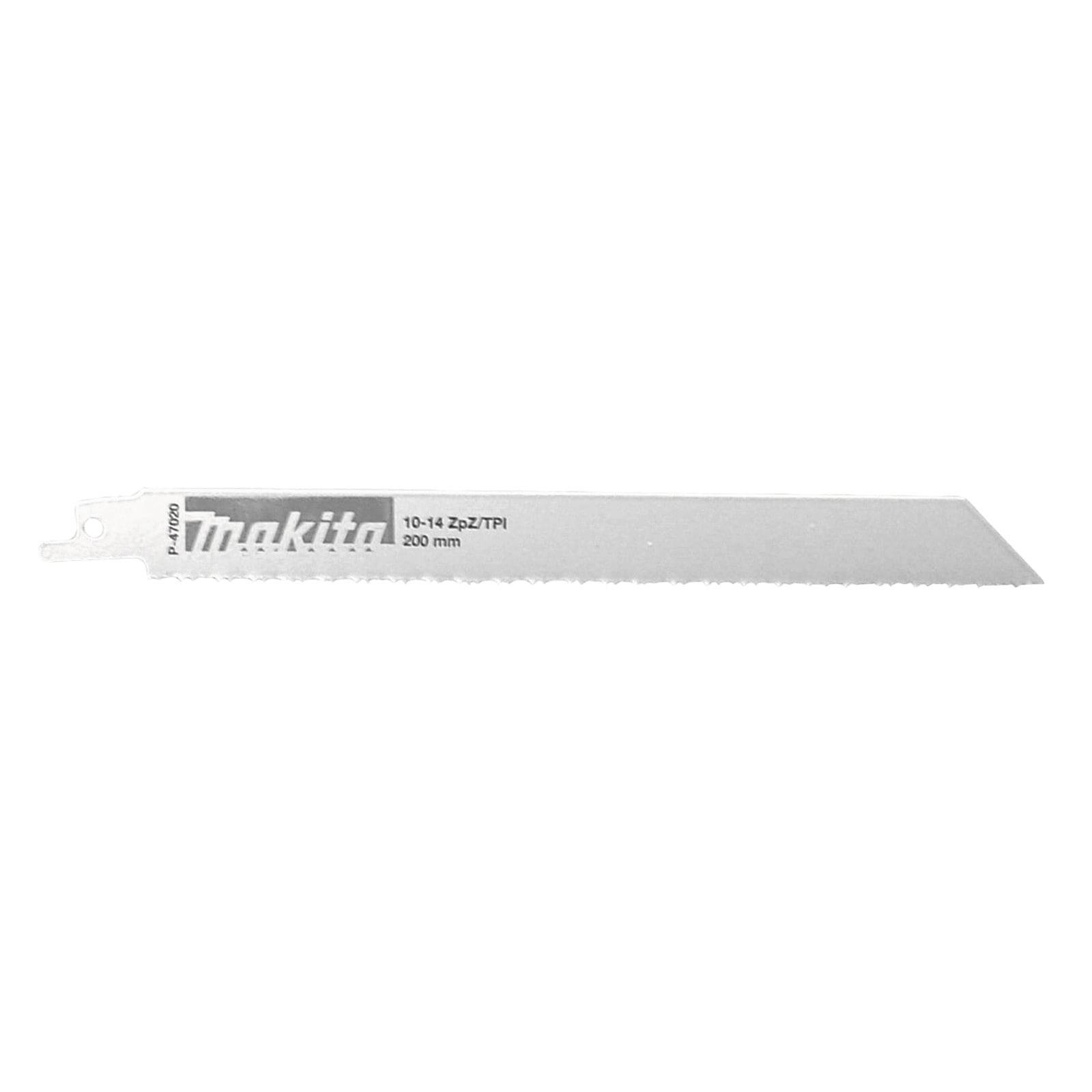Eine Sägeblatt mit der Beschriftung 'Makita 10-14 22p/TPI 200 mm', entwickelt zum Schneiden. Das Blatt hat eine gezackte Kante und ist für den Einsatz mit Elektrowerkzeugen vorgesehen.