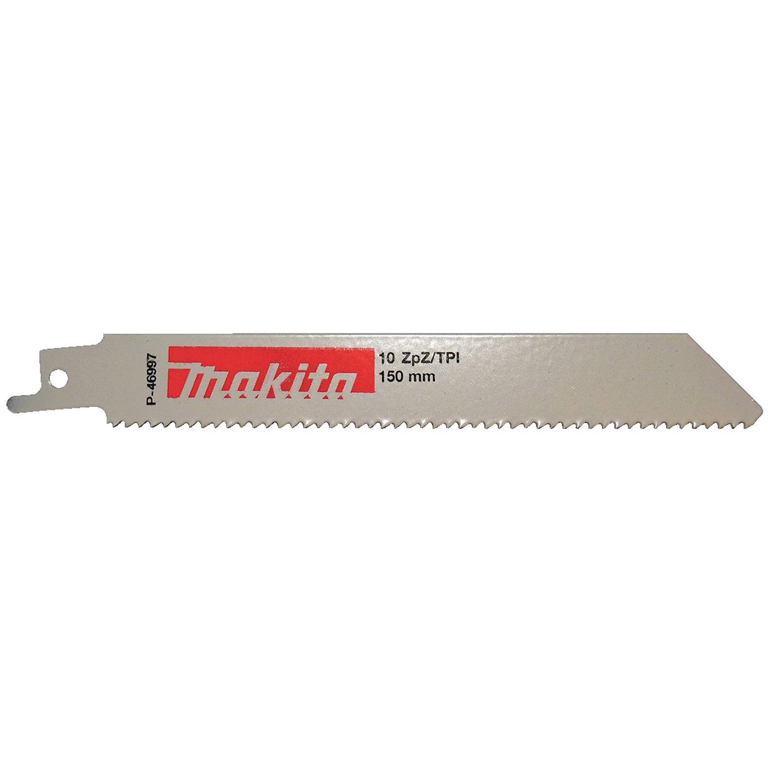 Eine Makita 150 mm Sägeblatt, Modell A-86897, geeignet zum Holzschneiden, mit scharfen, feinen Zähnen und einem Verbindungsloch an einem Ende.