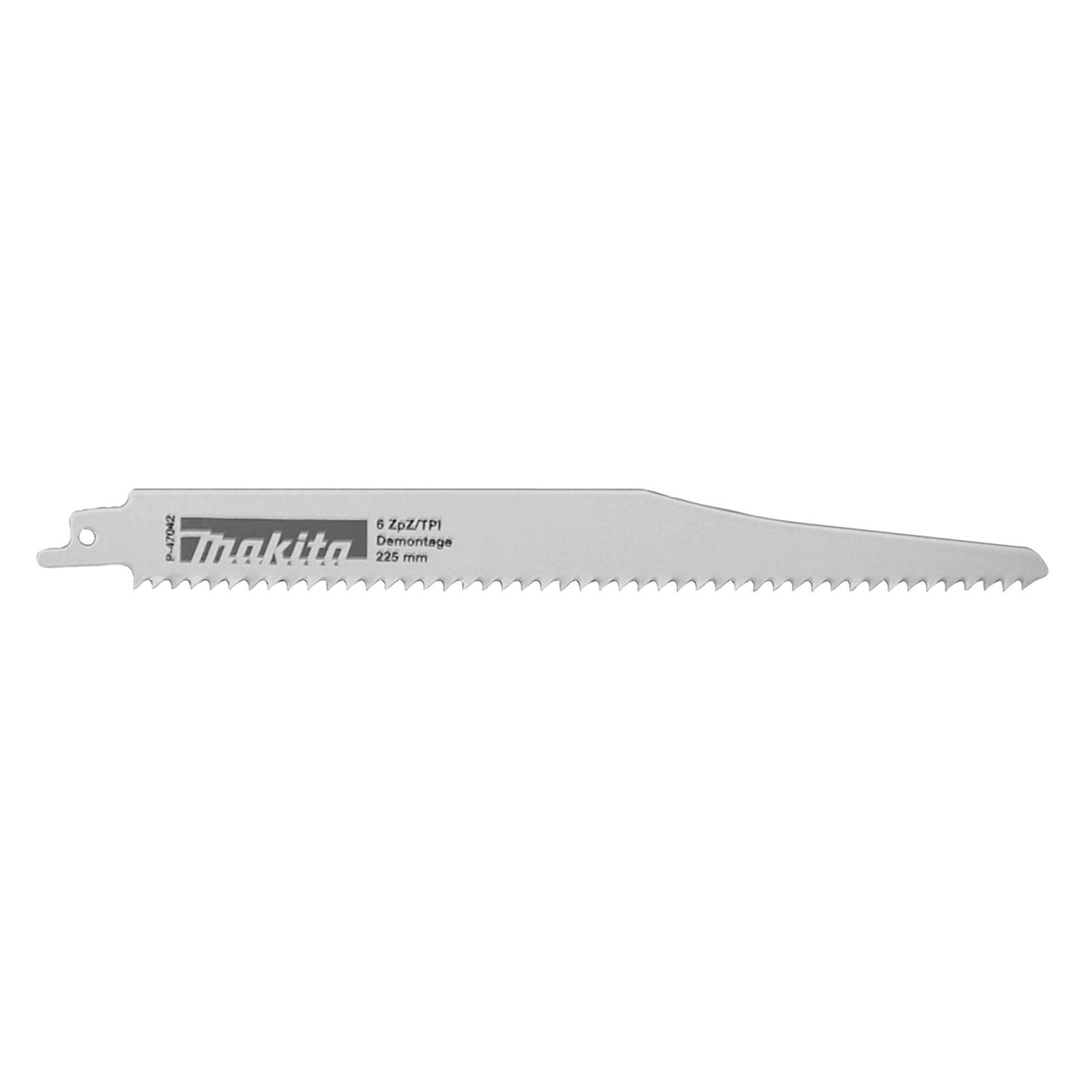 Sägeblatt mit spitzer Spitze, gekennzeichnet als 'Makita', für Abbrucharbeiten konzipiert, 6 Zähne pro Zoll (ZpZ), mit einer Länge von 225 mm.