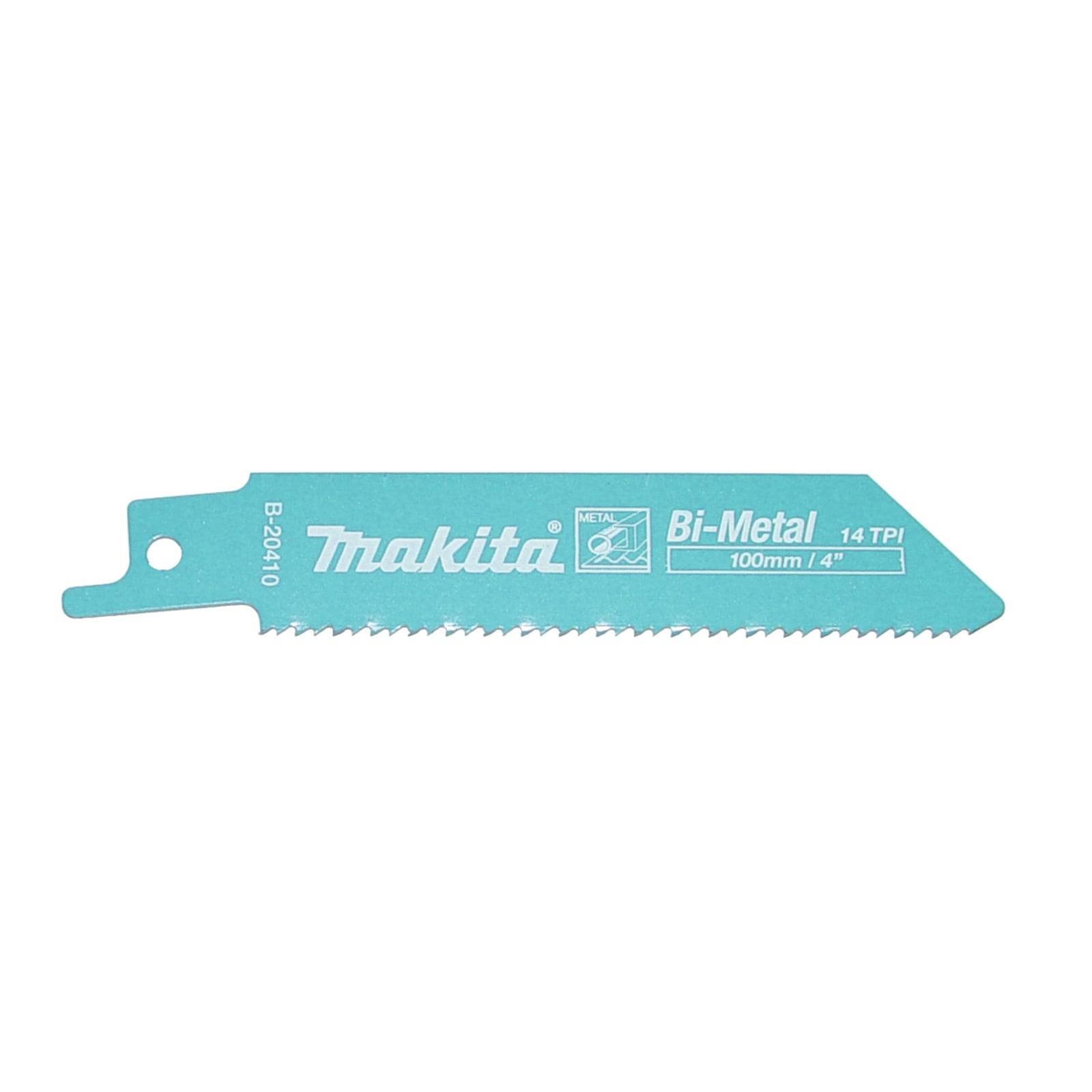 Eine blaue Makita Bi-Metall-Säbelsägeblatt, 14 Zähne pro Zoll, 100 mm lang, entwickelt für Schneidaufgaben.