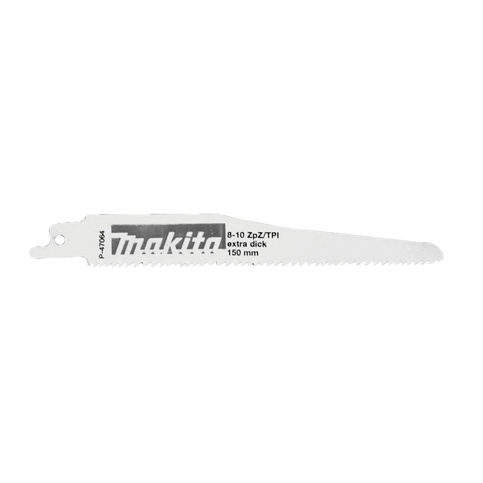 Ein weißes gezacktes Sägeblatt mit der Beschriftung 'Makita 8-10 ZpZ TPI extra dick 150 mm', ausgelegt zum Schneiden von Materialien, mit zwei Befestigungslöchern.