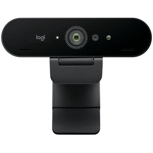 Schwarze Logitech-Webcam mit Linse und Datenschutzanzeigelicht, Vorderansicht auf weißem Hintergrund gezeigt.