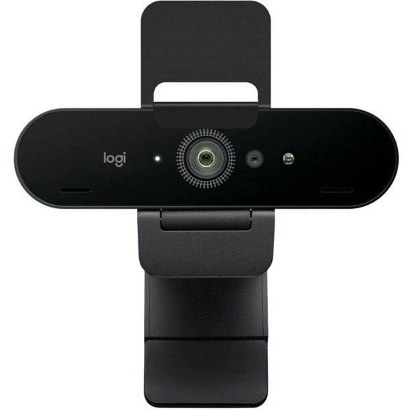 Schwarze Logitech-Webcam mit zentrierter Linse und Clip-Halterung, Vorderansicht auf weißem Hintergrund dargestellt.