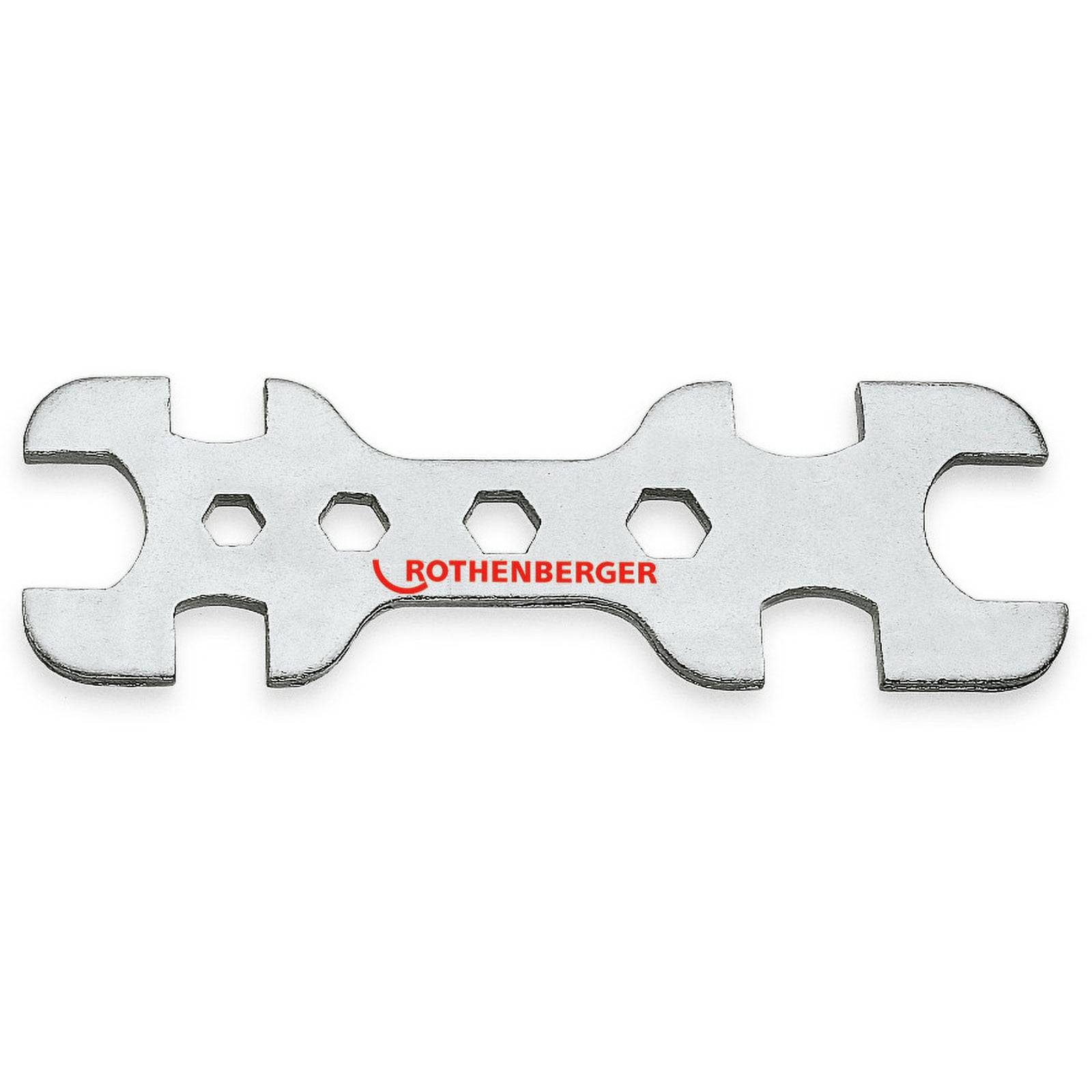Ein multifunktionales Metallwerkzeug mit verschiedenen Schraubenschlüsselgrößen und Sechskantöffnungen, mit der Aufschrift 'ROTHENBERGER' in roter Schrift, das für Klempnerarbeiten verwendet wird.