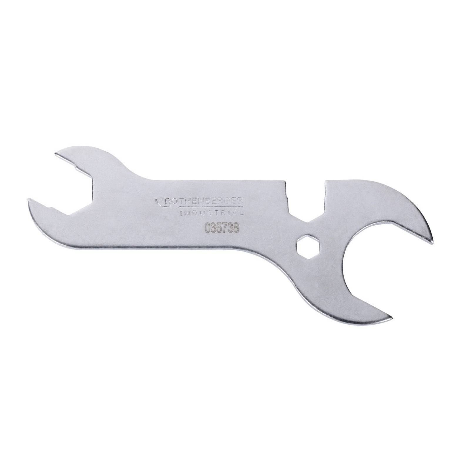 Ein vielseitiges Metallschraubenschlüssel-Werkzeug mit verschiedenen Öffnungsgrößen und einer zentralen sechseckigen Form, der zum Festziehen von Schrauben und Muttern verwendet wird.