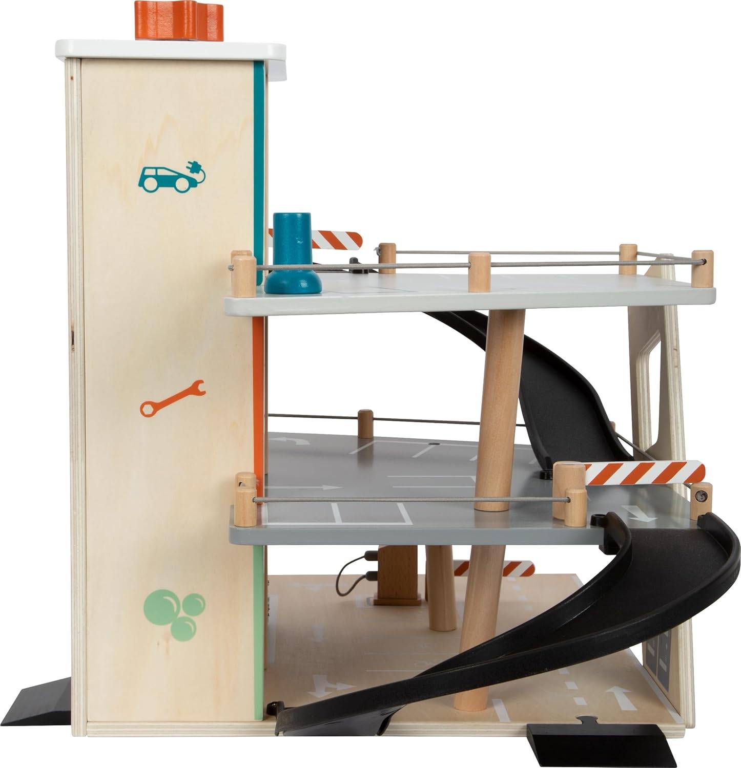Holzspielzeug-Parkhaus mit mehreren Ebenen, einem Autolift und einer Spiralrutsche, mit bunten Auto- und Schraubenschlüssel-Symbolen an der Seite.