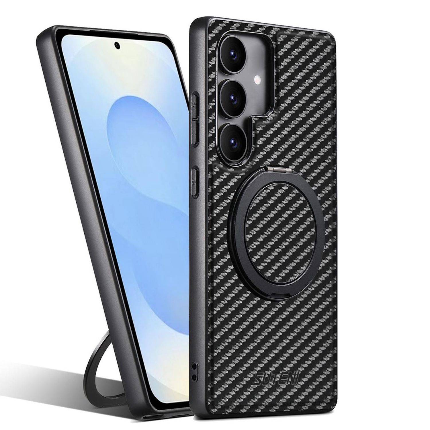 Für Samsung Galaxy S25 Plus Suteni MagSafe Carbon Kunstleder Ring Hülle Schwarz