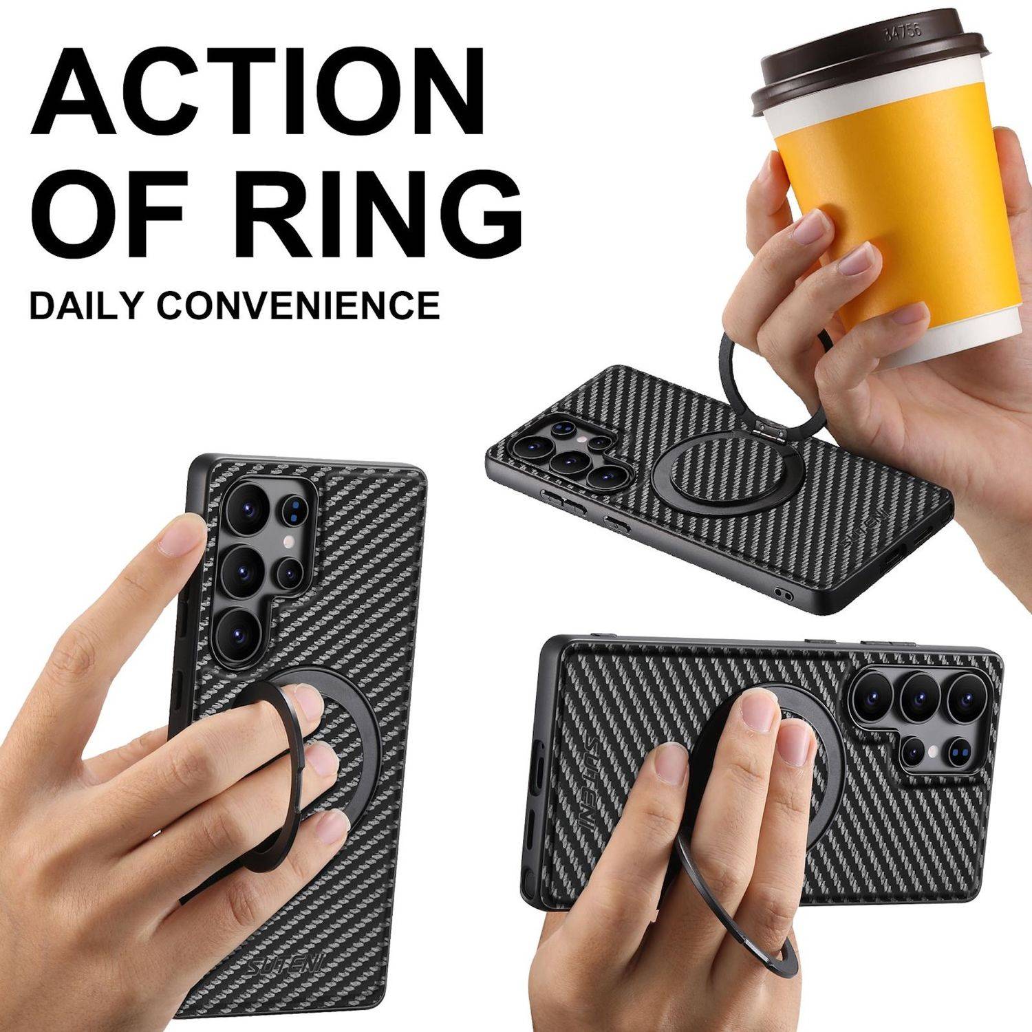 Für Samsung Galaxy S25 Plus Suteni MagSafe Carbon Kunstleder Ring Hülle Schwarz