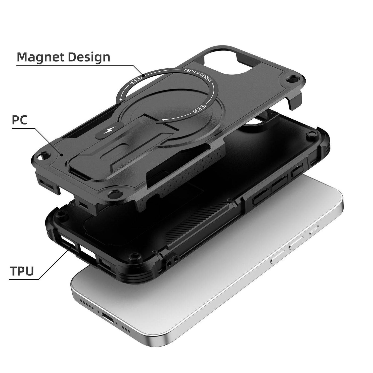 Für Apple iPhone 16e Armor MagSafe Kickstand Halterung Schutz Hülle Case Schwarz