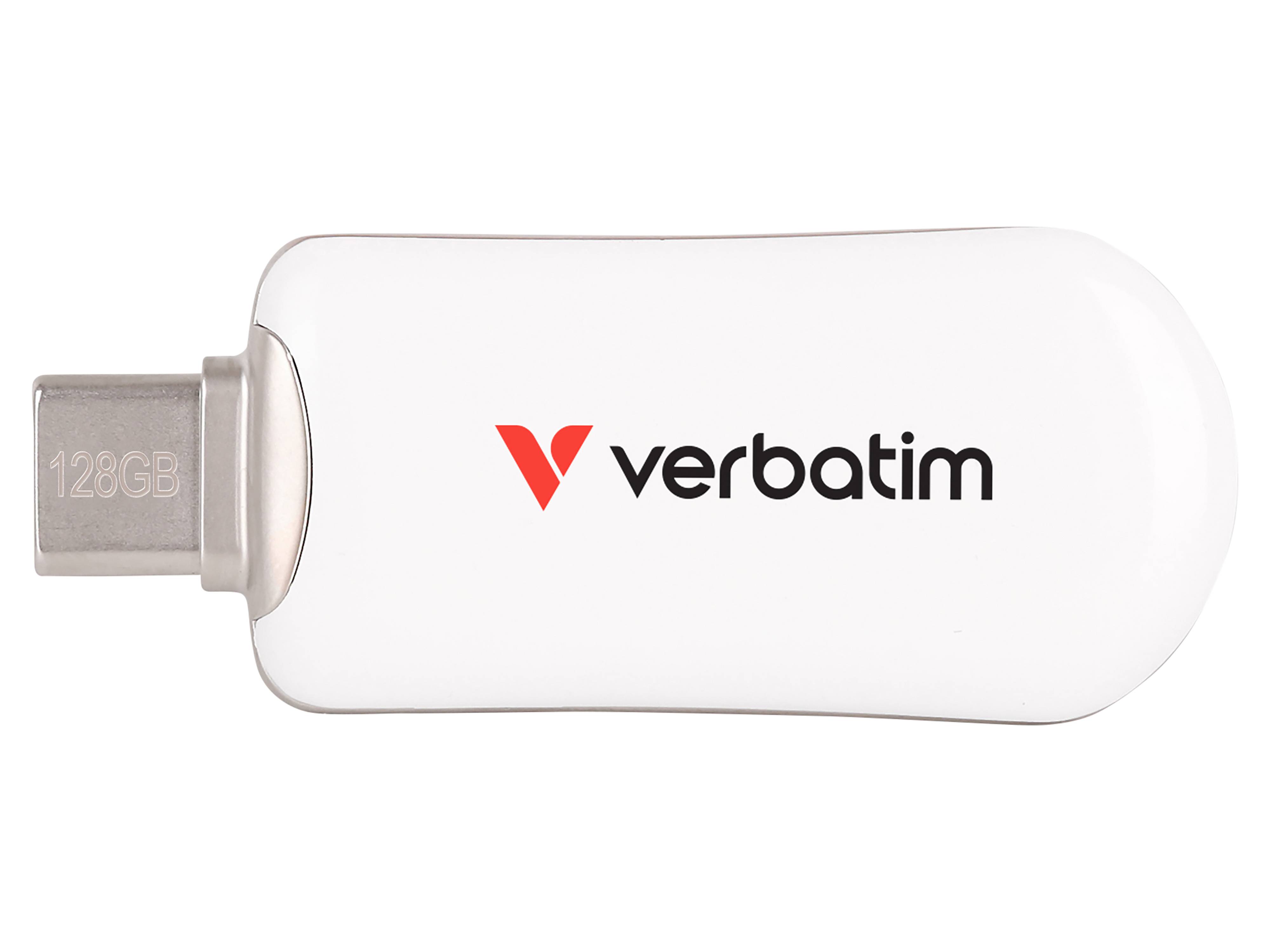 Weiße Verbatim 128GB USB-Speicherstick mit USB-C-Anschluss, auf einem einfachen Hintergrund abgebildet.