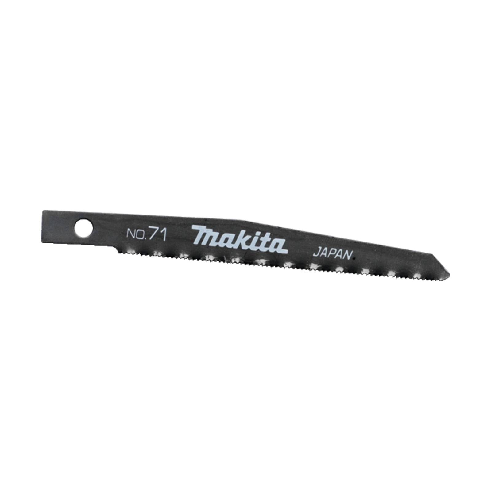 Eine schwarze Makita-Sägeblatt, gekennzeichnet mit 'NO. 71' und 'JAPAN', versehen mit einer Reihe von Zähnen entlang der Kante zum Schneiden.